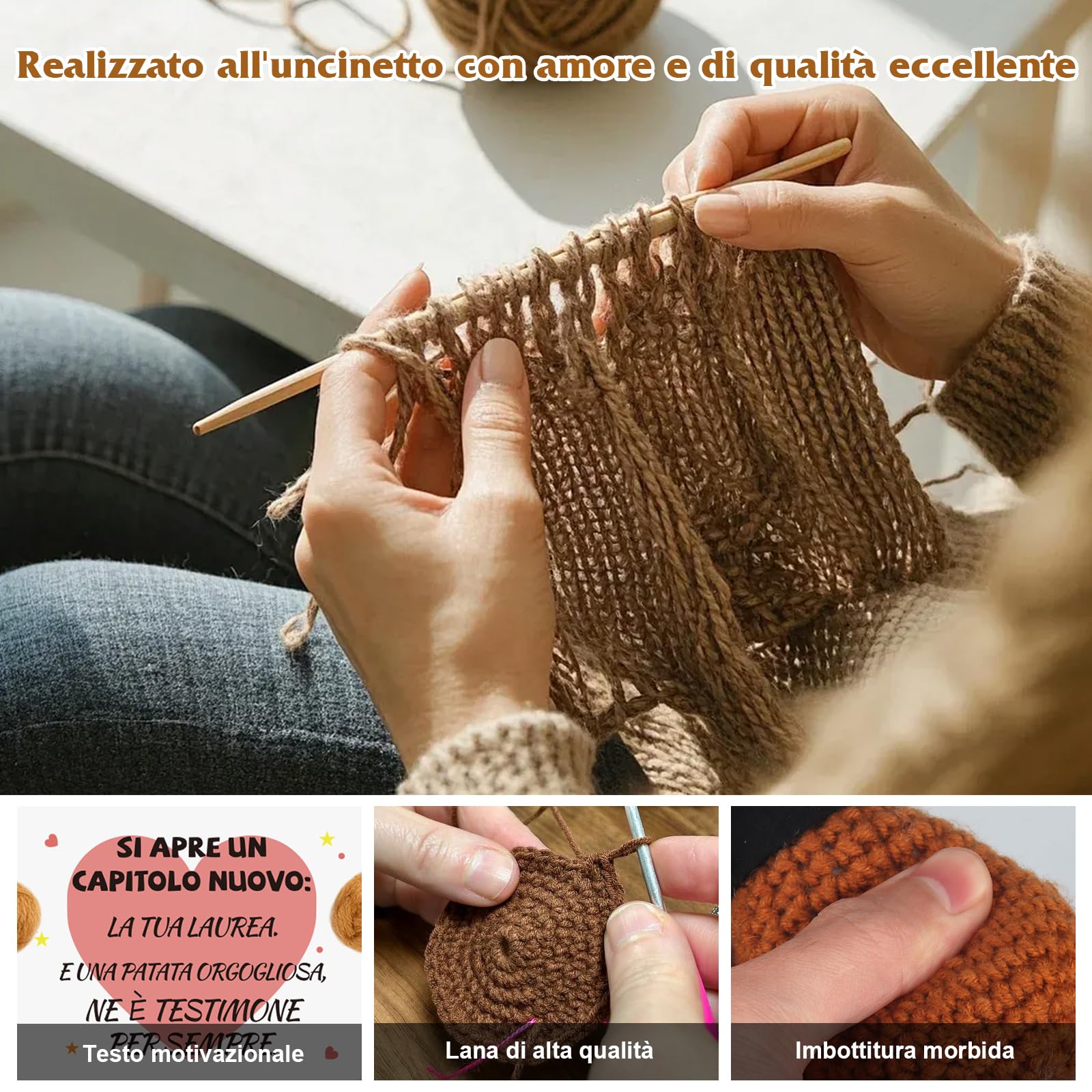 Regalo Laurea Patata Incoraggiante all'Uncinetto a Mano - Pocket Hug Patata Fortunata con Portafortuna Esami e Biglietto di Auguri, Regali Laurea Originali per Donna Uomo