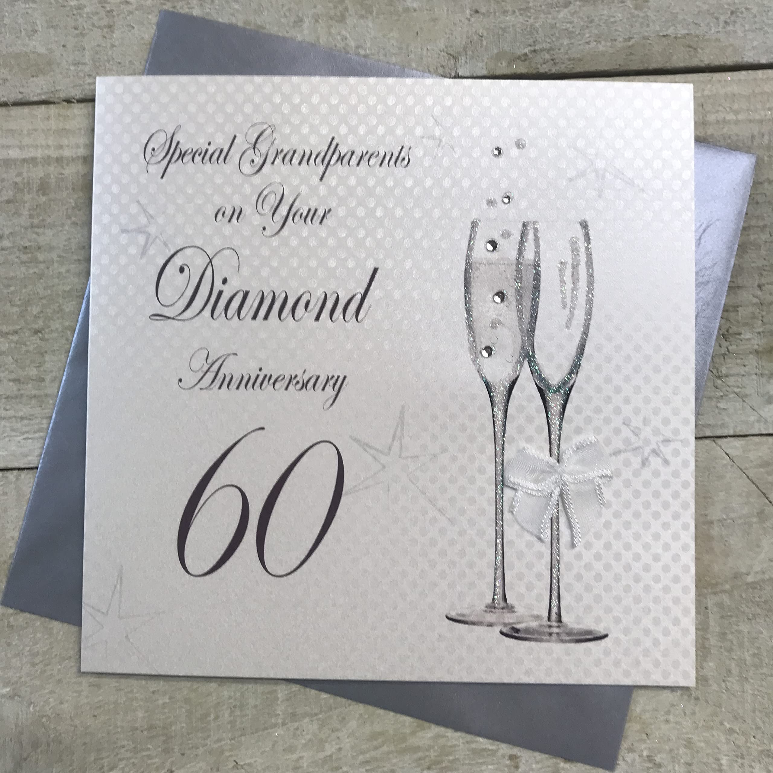 WHITE COTTON CARDS 60TH DIAMOND - CHAMPAGNE FLUTES, GRANDPARENTS ANNIVERSARY CARD, HAND FINISHED (BD160-G)