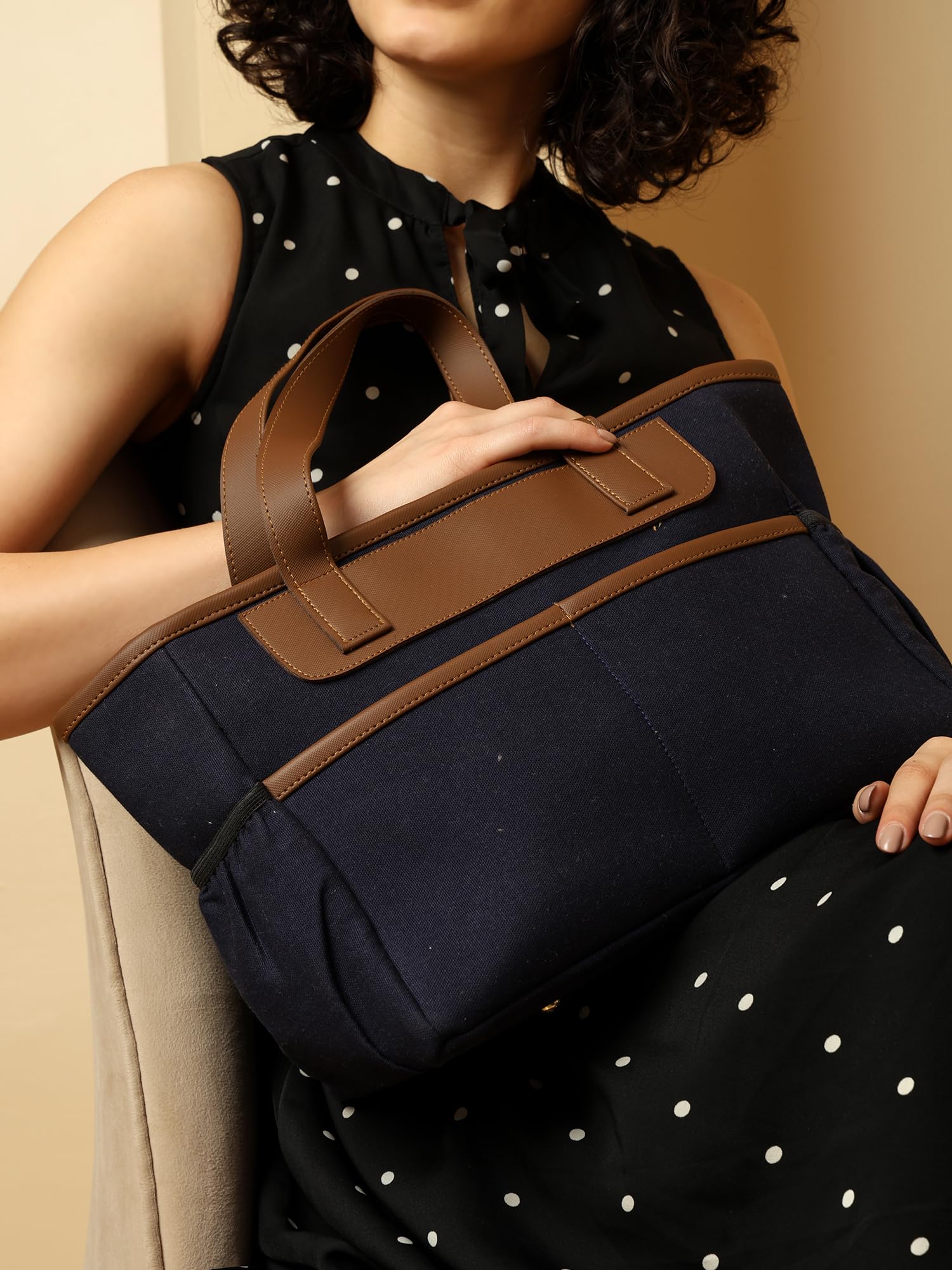 ENSAC Women’s Navy Blue Tote Lunch Bag, Large Stylish Hand Insulated Lunch bag with Brown Handles | Thermal Lunch Tote for Office, School, Picnic & Travel 2