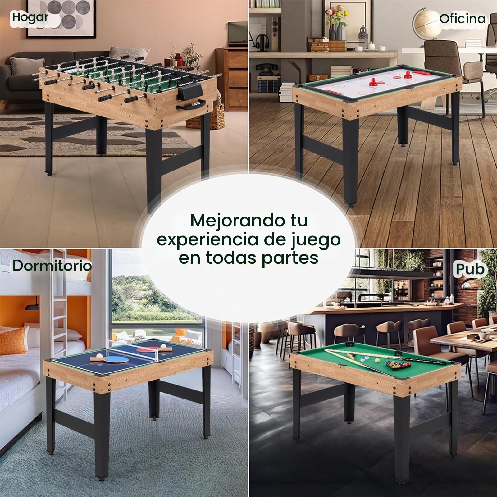 Mesa de Multijuegos 4 en 1, Mesa de Futbolín con Billar, Air Hockey y Tenis de Mesa para Sala de Juegos, Bares, Noche Familiar, Juego de Arcade Combinado con Accesorios