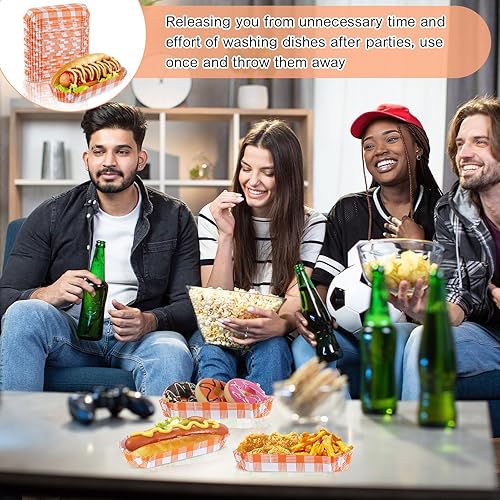 Miniatura 4 de Yinkin 300 piezas de bandejas de papel para hot dogs de Halloween, bandejas de comida de 15 cm, suministros para puesto de concesión, bandejas