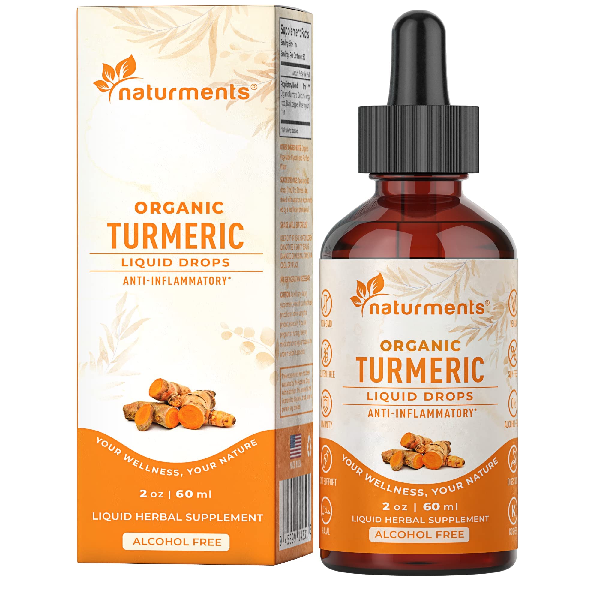 Naturments Turmeric Curcumin Liquid: Certified Organic Turmeric Curcumin with Ginger & Black Pepper- Joint Support & Inflammatory Response - Immune & Digestive Support , Graceful Aging - 2 Fl Oz