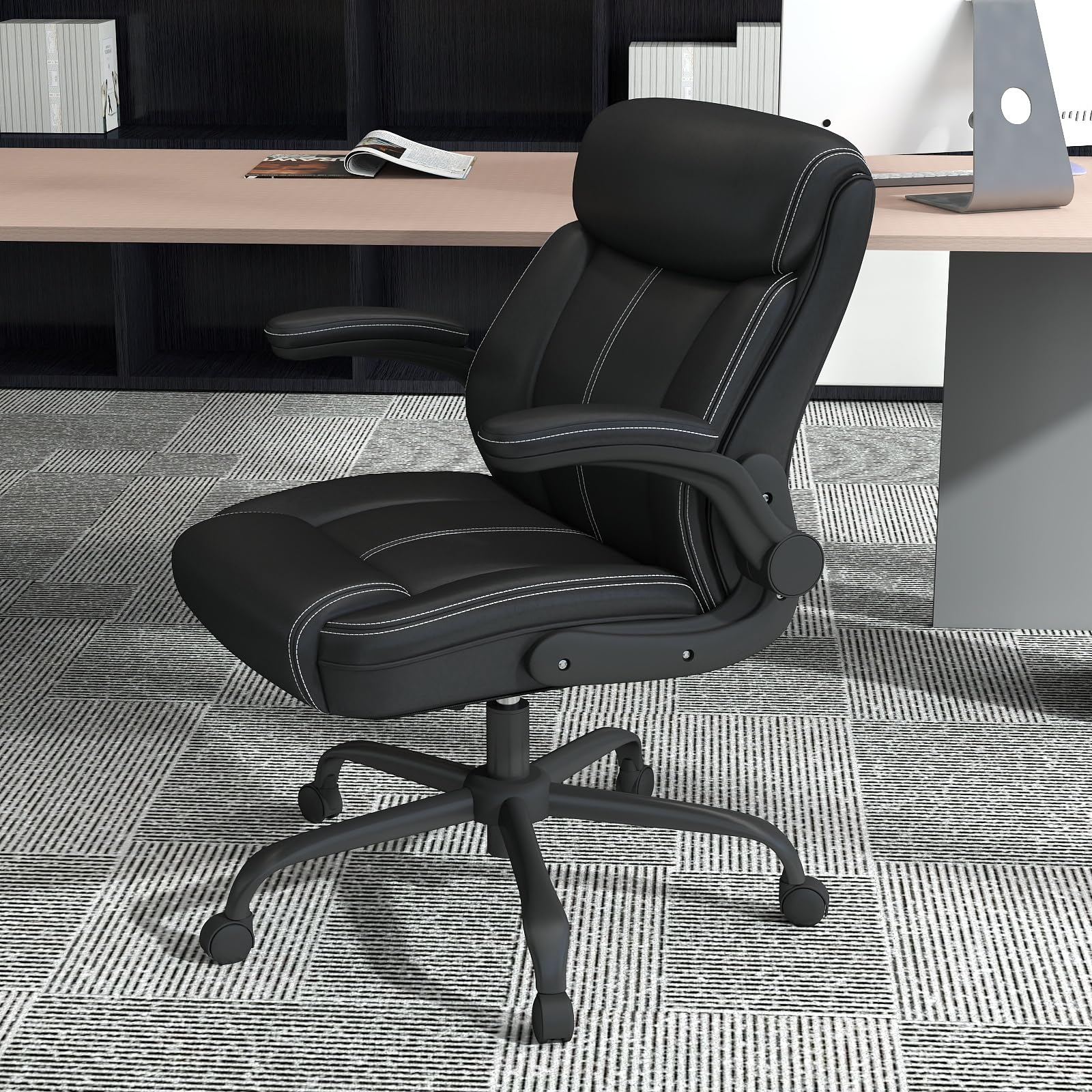 AnyGod Ergonomischer Bürostuhl, Chefsessel aus Kunstleder mit Hochklappbaren Armlehnen, Drehstuhl Schreibtischstuhl Höhenverstellbar, Belastbar bis 136 kg, für Homeoffice und Büro