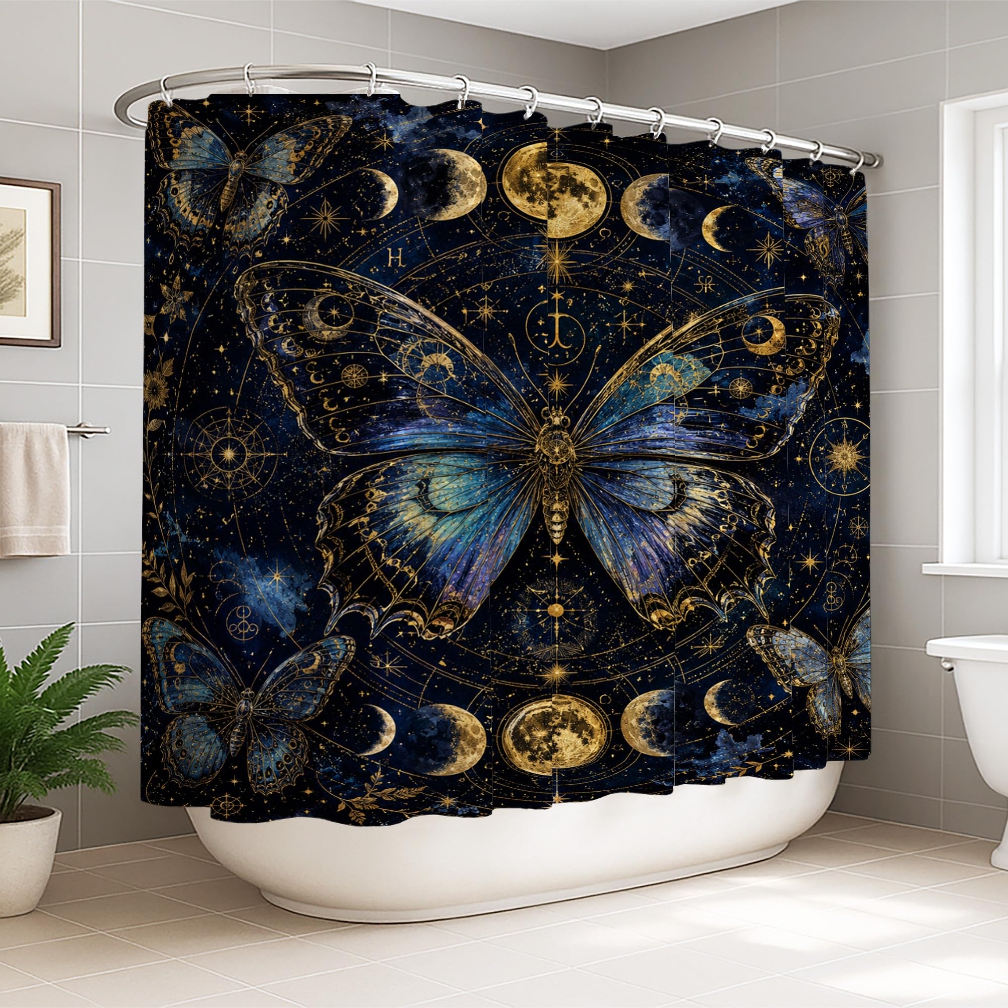 Rideau de douche extra large 274 x 183 cm étoiles lune et papillon pour baignoire