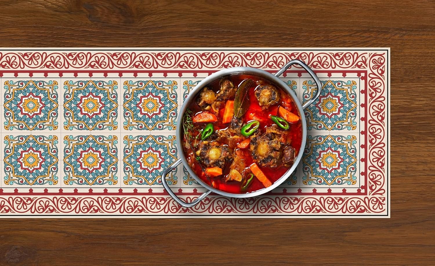 Heat Resistant Table Runner, 39 x 12 Inch - Barcelona Red Design | Protects Countertops and Furniture Surface from Hot Dishes, Pots, and Scratches - Decorative Kitchen Hot Pad Mat