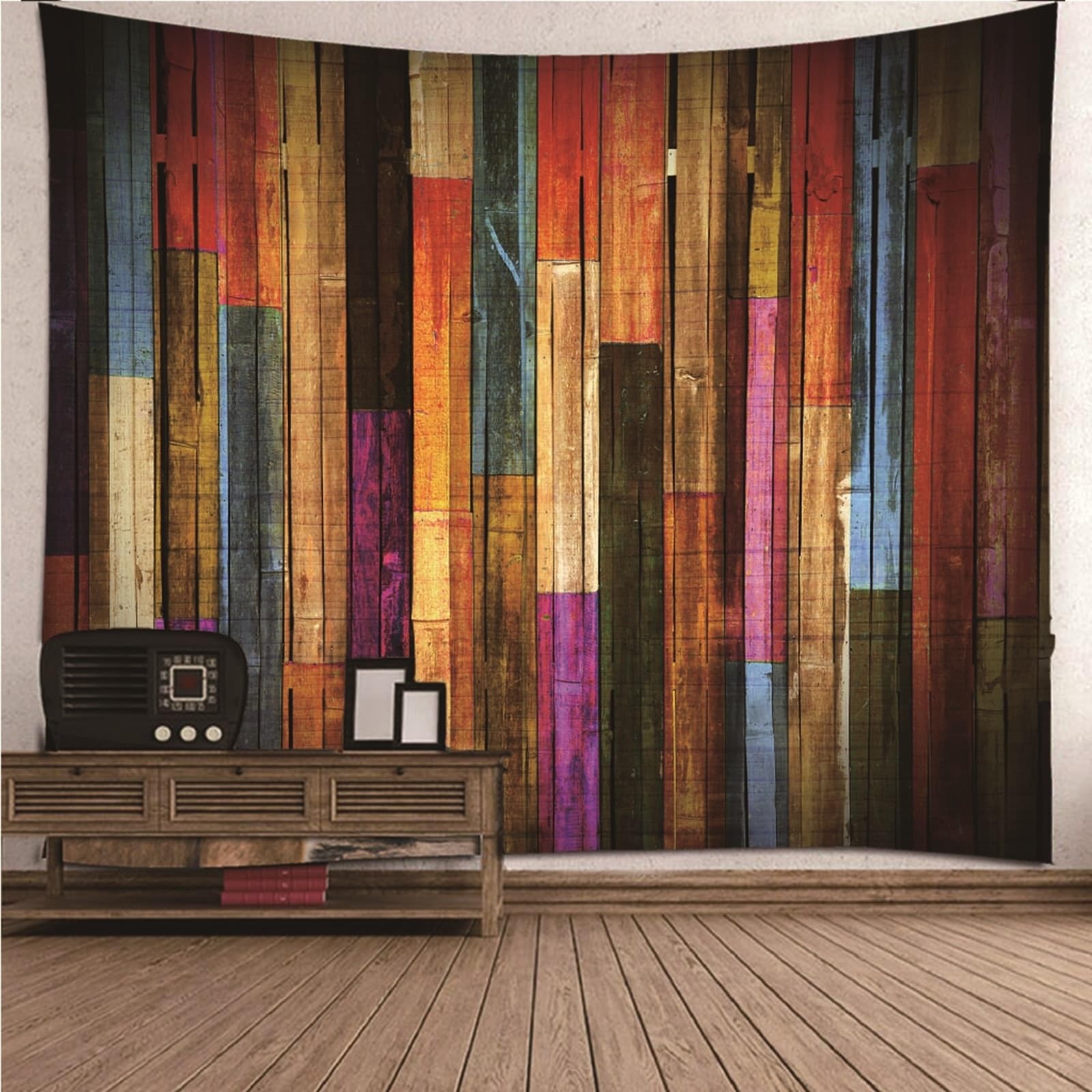 Tapiz de pared extra grande de estilo vintage, multicolor, microfibra de grano de madera, 350 x 256 cm (ancho x alto)