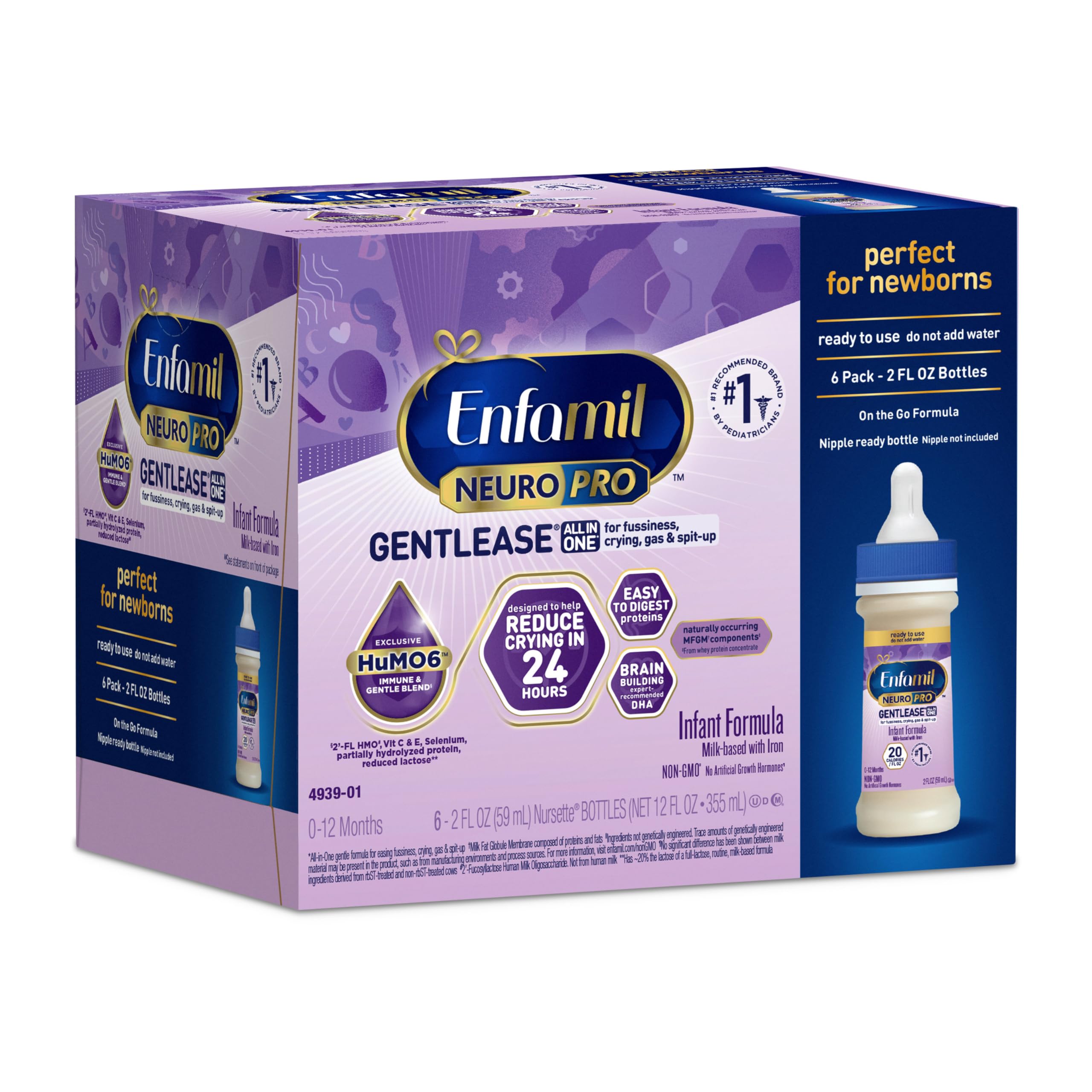 EnfamilNeuroPro Gentlease Baby Formula, Brain Support that has DHA, HuMO6 Immune Blend, Designed to Reduce Fussiness, Crying, Gas & Spit-up in 24 Hrs, 2 Fl Oz, 6 Liquid Bottle