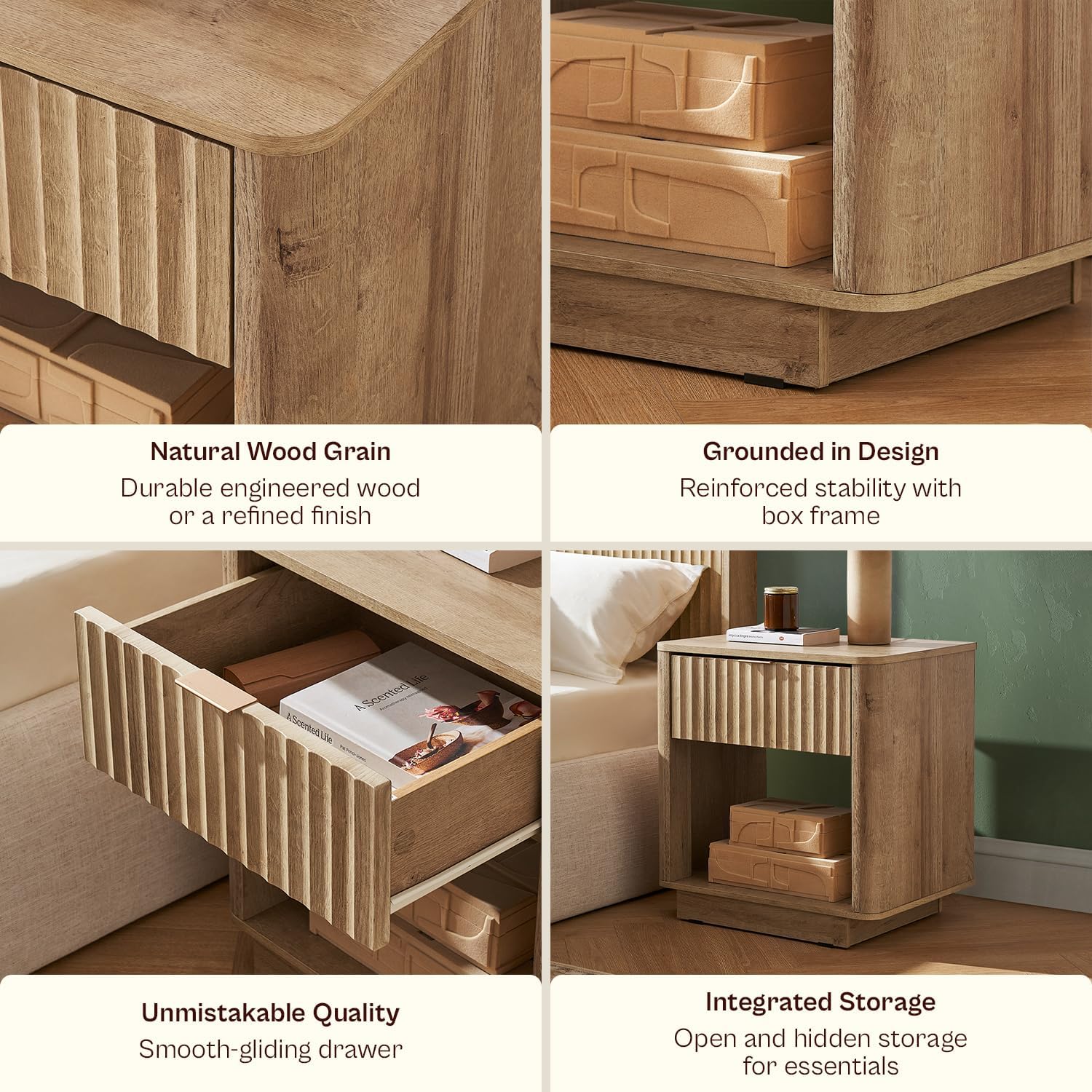 mopio Brooklyn Fluted Nightstand Set of 2 with Drawer and Open Shelf, FSC Certified - 35 lb Engineered Wood Bedside Table, Curved Safety Corners, Curved Safety Corners (Golden Oak, 21.6" W) | Bedside Table, Drawer, End Table, Storage, Fluted Panel, Curved Profile