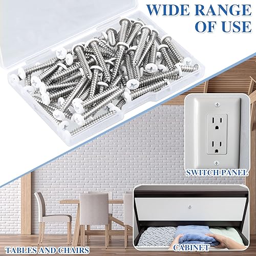 Miniatura 4 de Funrous 100 tornillos de cabeza plana blanco #8 de chapa blanca autorroscante de acero inoxidable de madera a metal tornillos para placas de pared,
