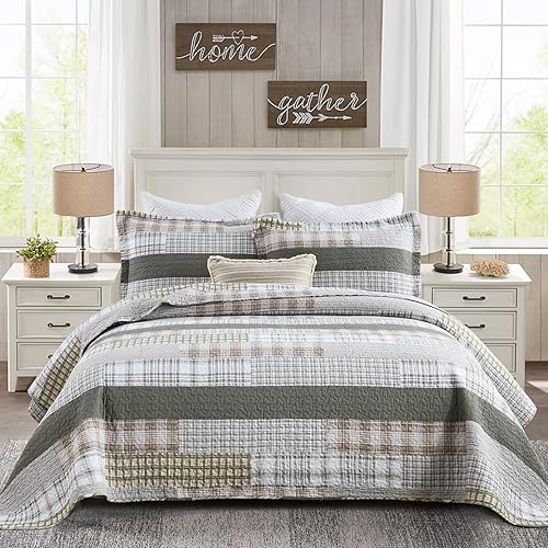 PERHOM Juego de edredón tamaño King Juego de edredón de 100 % algodón, rústico, acogedor, a cuadros, tamaño King, color verde oscuro, marrón,