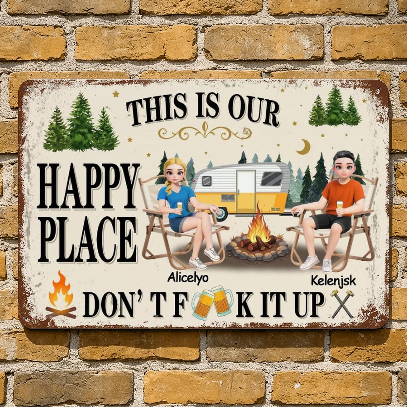 Personalized This Is Our Happy Place Camping Couple Metal Sign Wall Art Home Decor, Custom Summer Vacation And Travel Couple Metal Sign Plaque Gifts For Husband And Wife, Him And Her