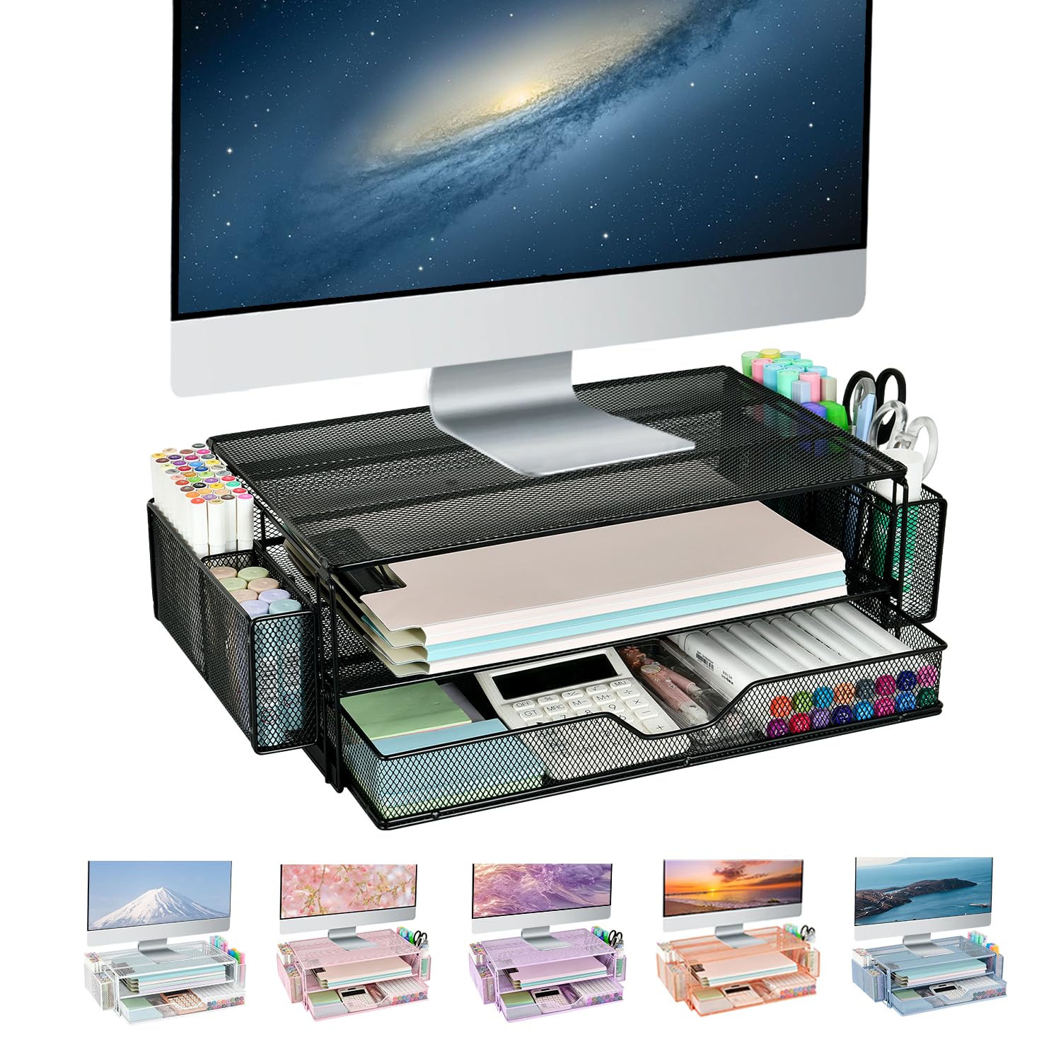 AUPSEN 2 Tier Computer Monitor Stands with Drawer and 2 Pencil Holder, Metal Monitor Stand Monitor riser, Computer Desk Organizer and Accessories for Laptop, Computer, Printer, Office Supplies(Black)