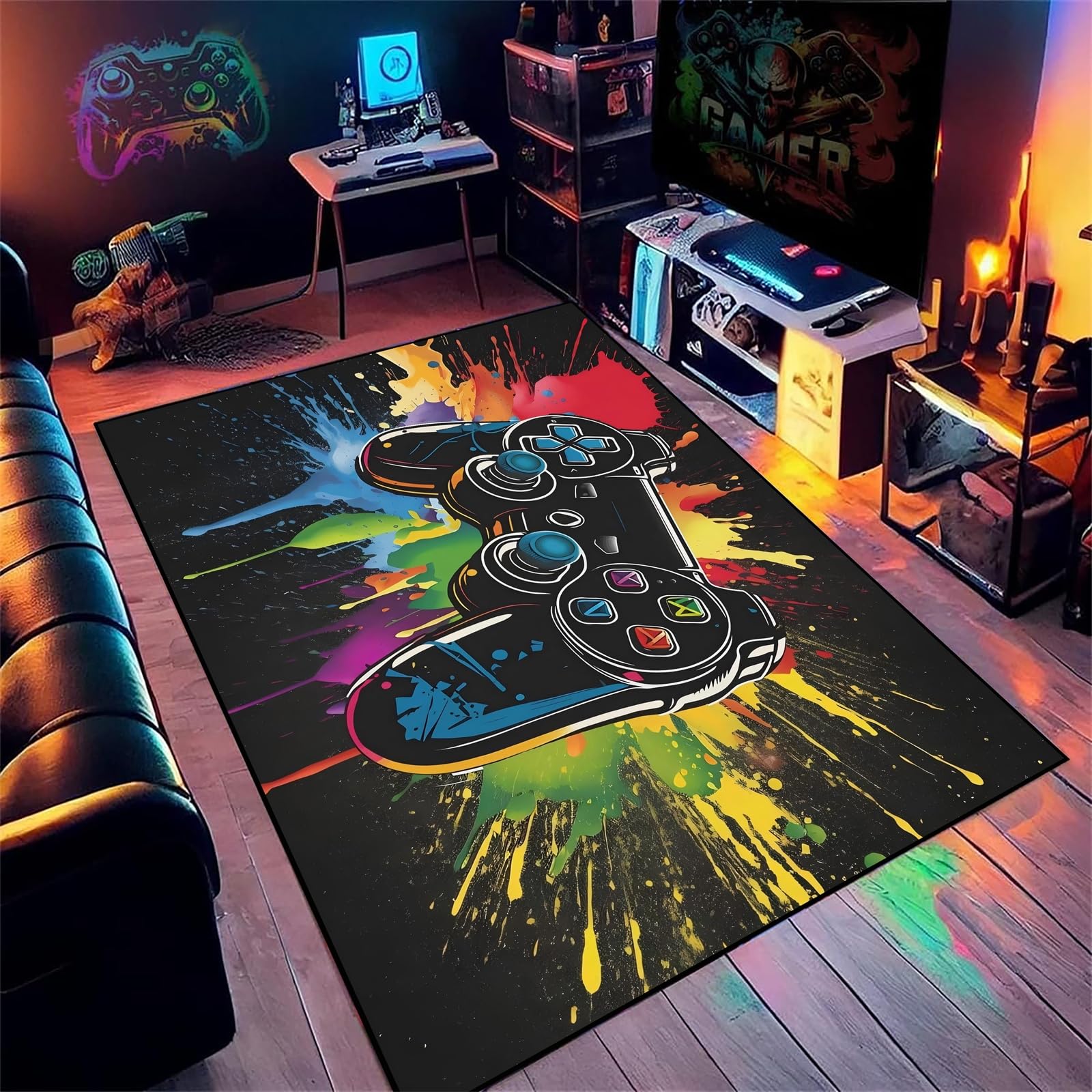 AOESELN 3D Graffiti Colorful Gamepad Area Rug,160x200cm Boys Floor Rugs,Boys Bedroom Carpet,Kids Area Rugs,Living Room Non-Slip Carpet,Soft Bedroom Mat