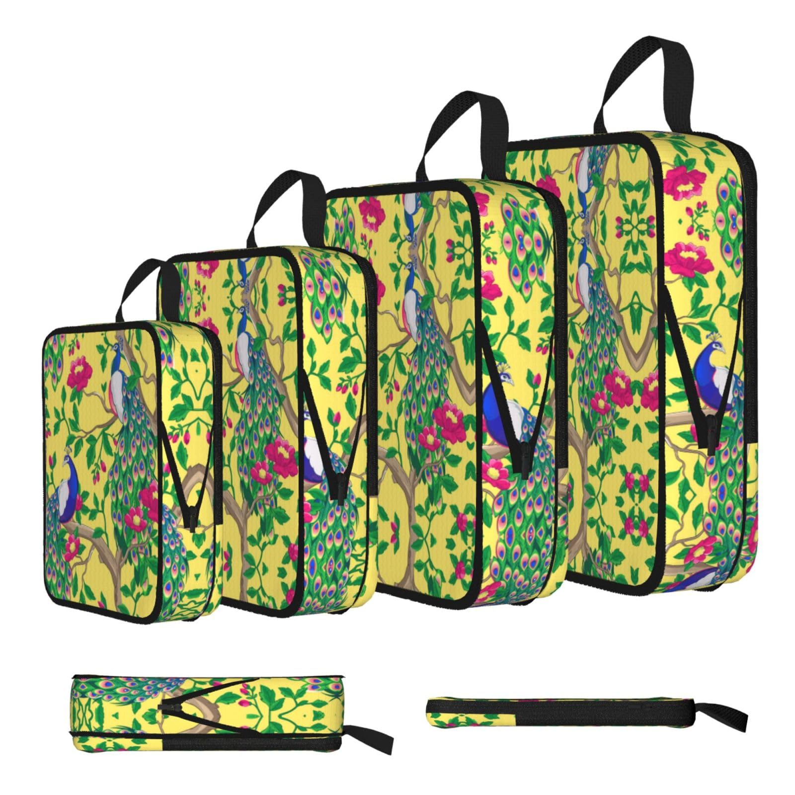 Beautiful Peacock Print 4 Set Compression Packing Cubes For Suitcases,Expandable Storage Bags Organizers