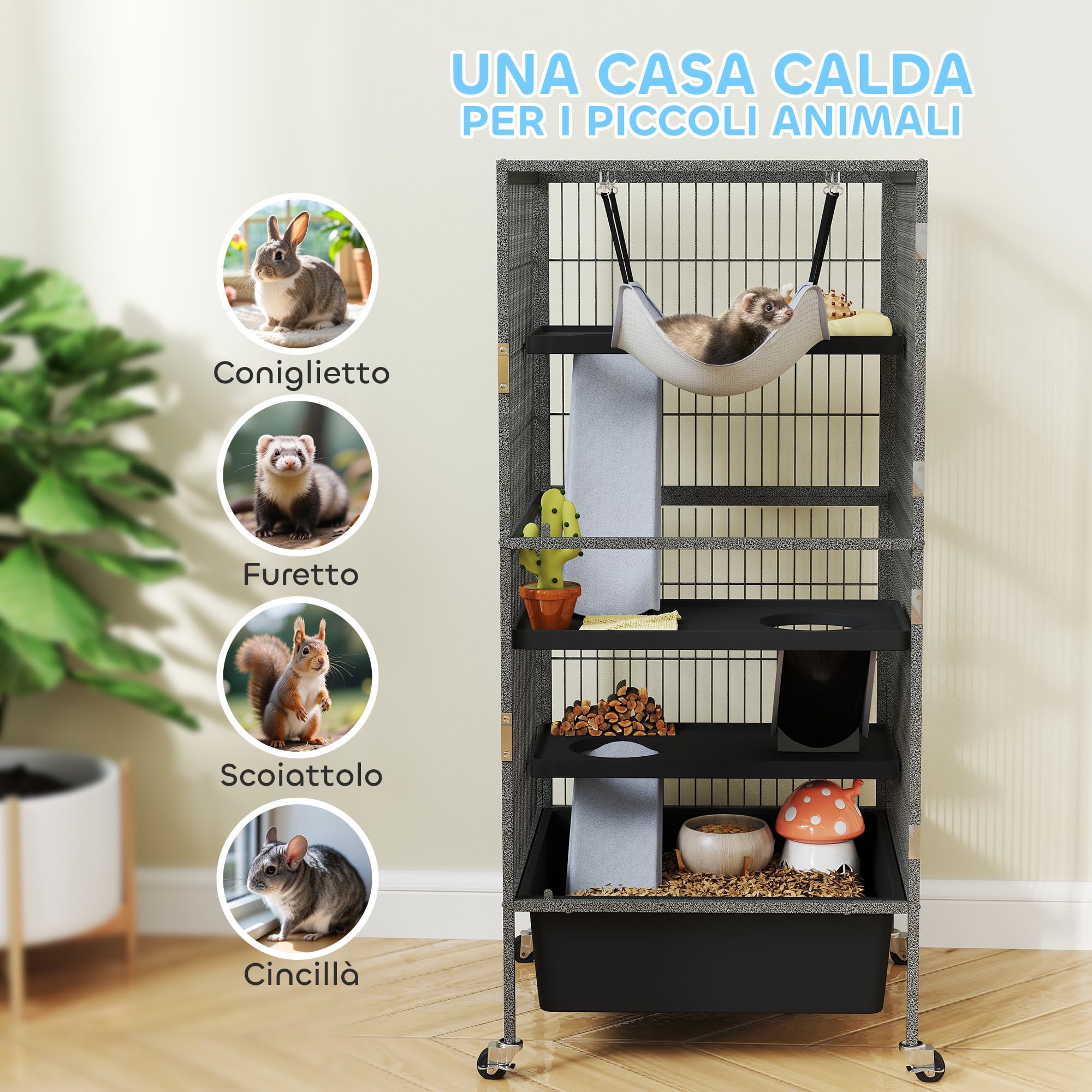 PawHut Gabbia per Piccoli Animali/Furetti 52x52x115 cm Grigio | Piattaforme, Rampe e Amaca, Vassoio Rimovibile, Ruote con Freno, Casetta per Conigli e Furetti a 4 Livelli