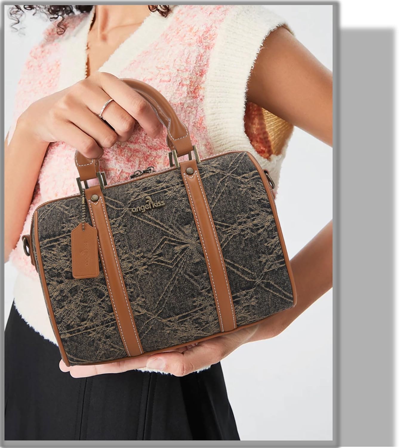 Angel Kiss Women Satchel Purses and Handbags Vegan Leather Boston Barrel Bag Top Handle Shoulder Purse with Crossbody Strap | Vegan Leather, Top Handle, Crossbody Strap - Image 2