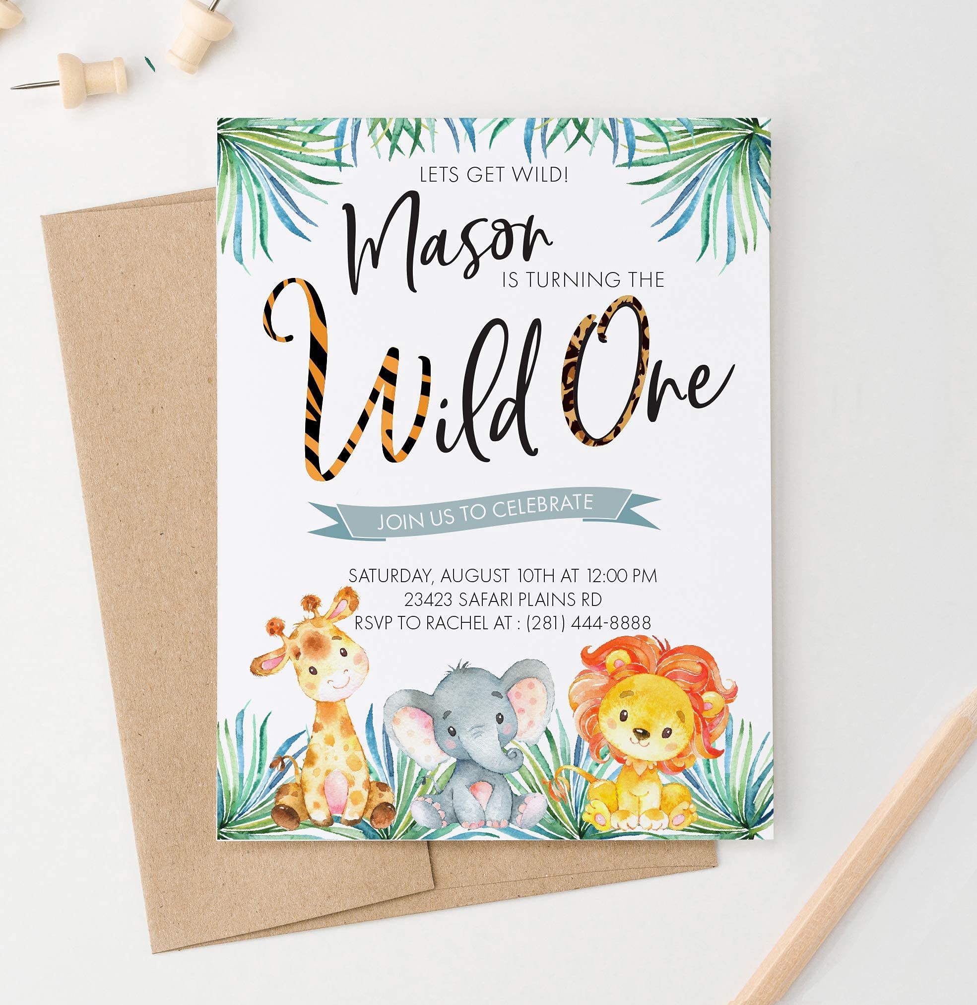 Safari Birthday Invitations for Kids, Jungle Birthday Invitations for Boys, Your choice of Quantity, Age, Info and Envelope Color