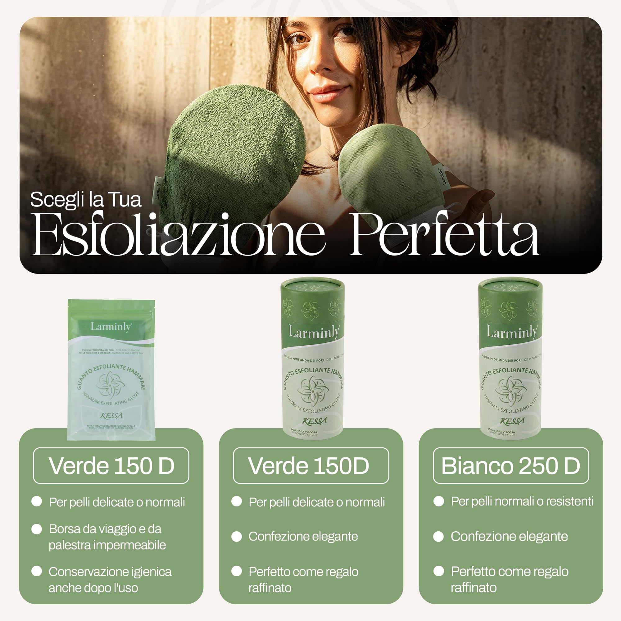 Guanto Kessa Delicato 150D Esfoliante Corpo 100% Viscosa Origine Naturale Hammam Scrub Pelle Sensibile Confezione Elegante