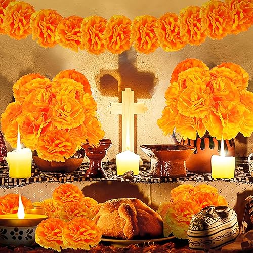 Miniatura 5 de CCINEE 50 piezas de flores de caléndula artificiales de seda a granel, flores de caléndula con tallo de caléndula falsas flores para bricolaje