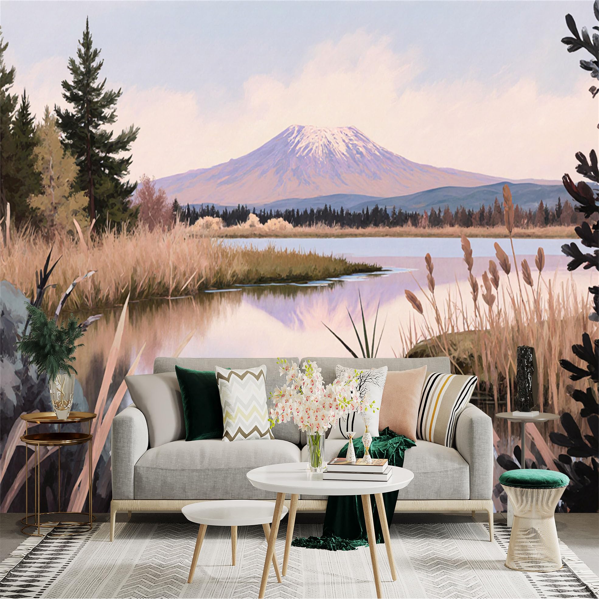 Custom Size Wall Sticker Mural， Snow Capped Mountain Peak， Serene Lake View， Tall Reeds and Pines， Rustic Nature Landscape， for wall Decoration， peelandstick wall Decals.