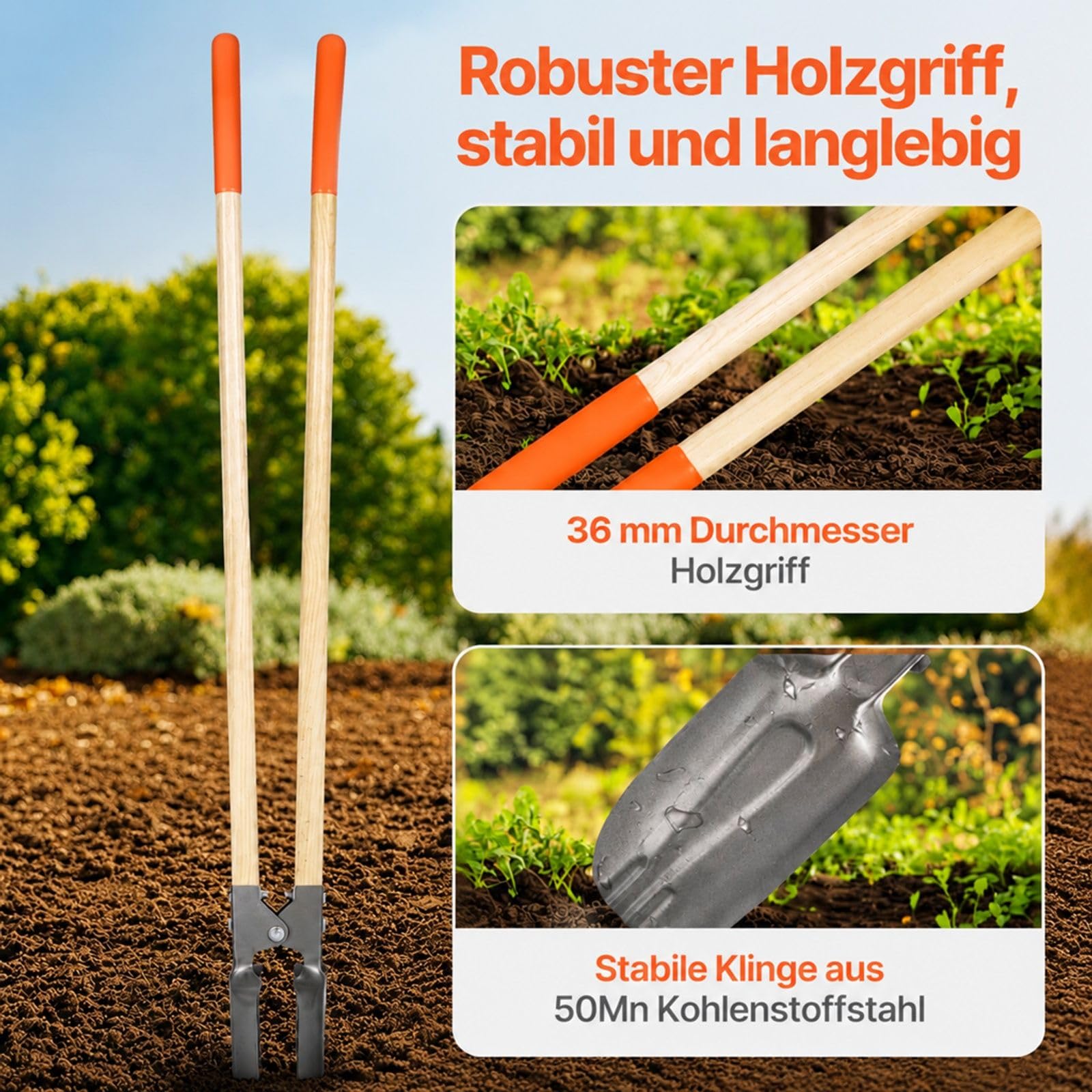 Erdlochausheber mit Holzgriff für Pfostenlöcher und Gartenarbeiten