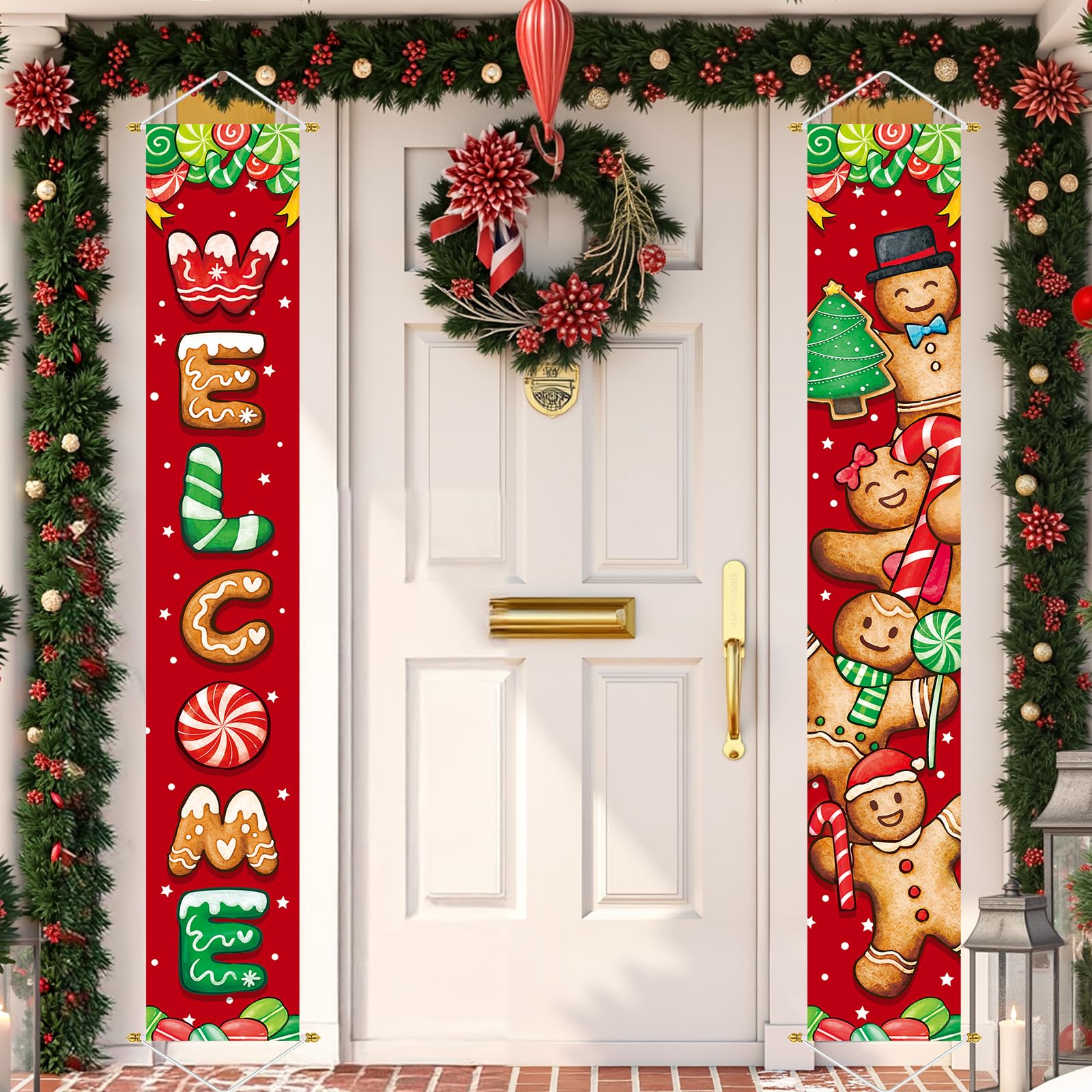 Christmas Decorations Outdoor Yard: Cute Gingerbread Man Front Porch Sign Set, Hanging Red Brown Welcome Door Banner Xmas Decorations for Home, Wall Front Door Yard Garage Indoor Outdoor Décor