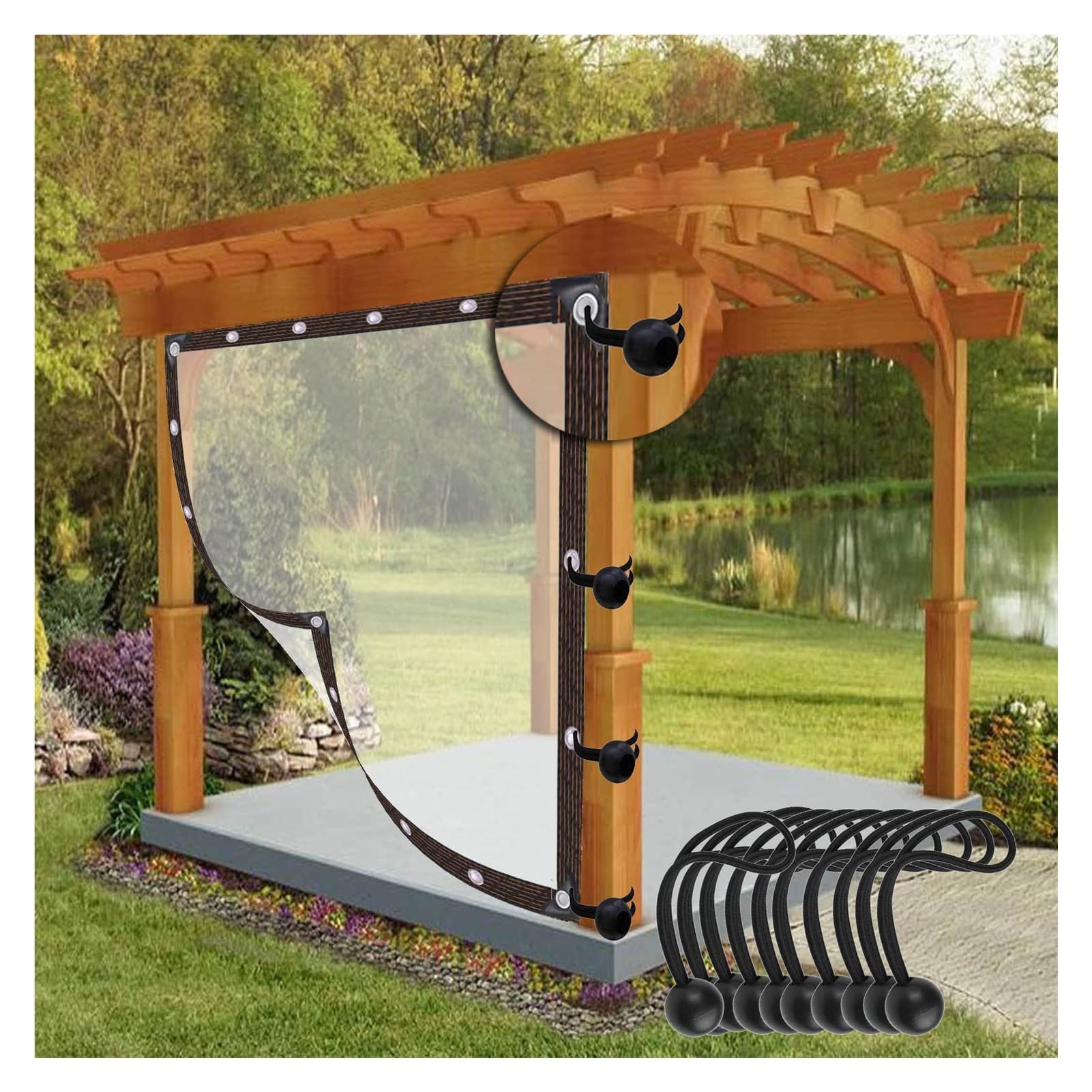 Rideaux d'extérieur pour terrasse, rideau de séparation à œillets industriels imperméables pour tonnelle, porche, pergola – Design transparent personnalisable, résistant aux intempéries, installation