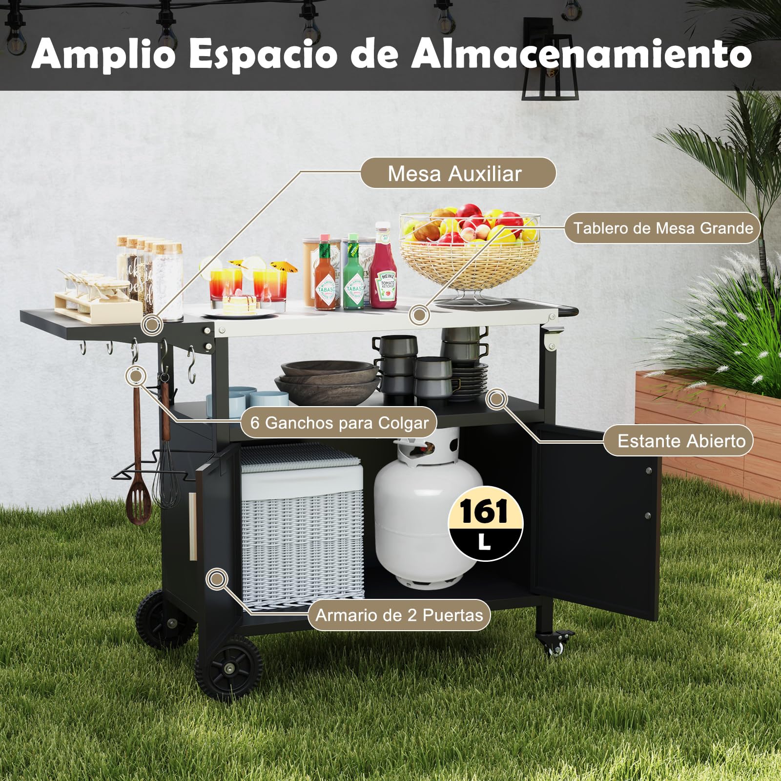 COSTWAY Carro de Barbacoa con Estante Abierto y Armario, Cocina Exterior, Encimera de Acero Inoxidable Plegable, Mueble para BBQ para Picnic, Fiesta, 127 x 50 x 84 cm