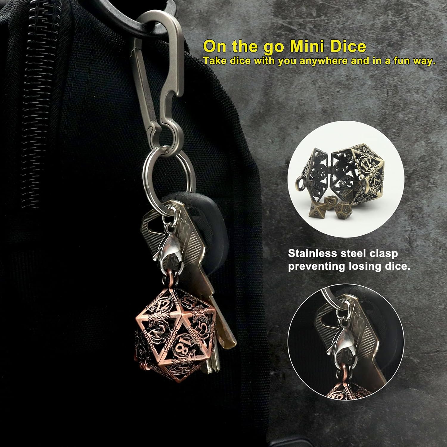 Haxtec Mini Metal Dice Set with Hollow Necklace Dice Cage and Flower Resin Dice Set Bundle