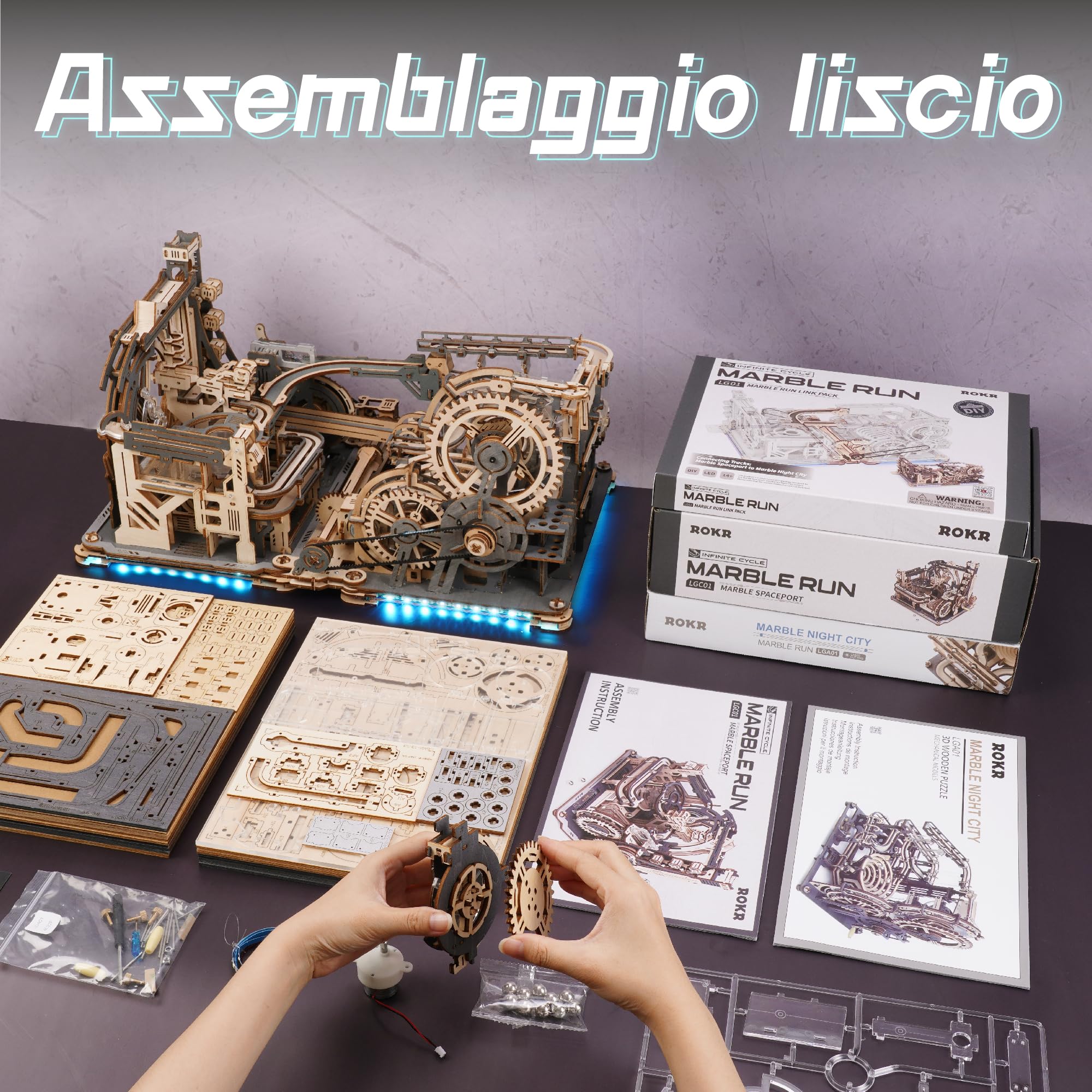 ROKR Puzzle 3D Legno Piste da Corsa Elettrico Rompicapo Modellismo da Costruire Adulti Idee Regalo Donna Uomo(Night City&Link Pack&Spaceport)