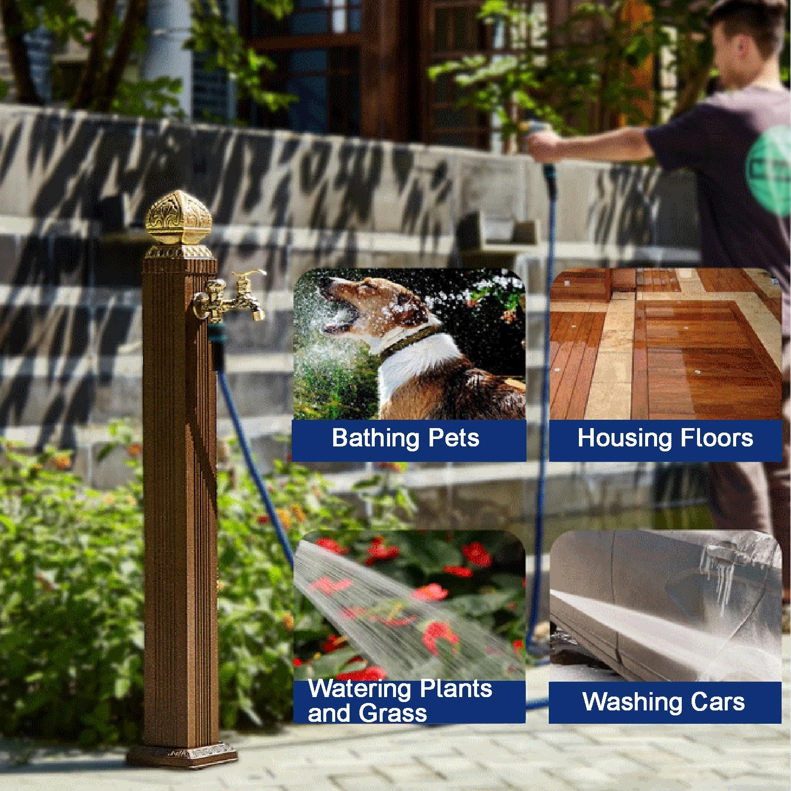 Genérico Grifo de jardín Retro de latón para Exteriores con Columna de Agua - Poste de 66 cm con Soporte para tubería de Agua, diseño en Relieve, protección contra el frío y el Sol para Lavar Coches