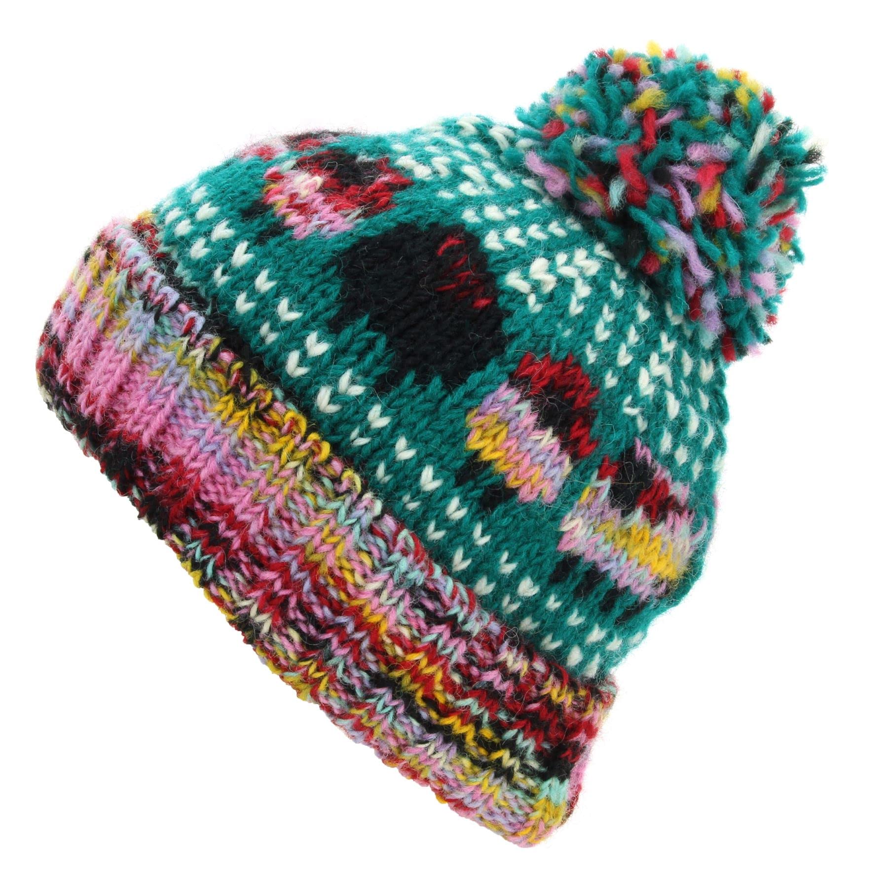 Loudelephant Teal Pink Sd Hand Knitted Wool Beanie Bobble Hat - Sheep