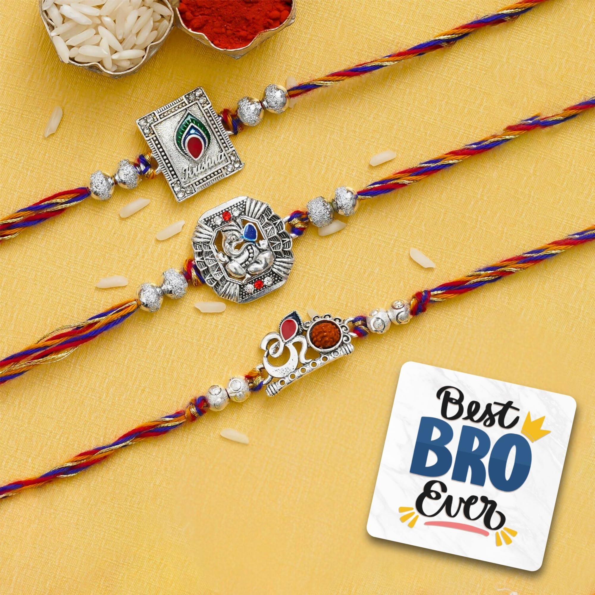 eCraftIndia Set of 3 Om, Krishna with Peacock Feather, Lord Ganesha Silver Religious Designer Rakhis, Best Bro Ever Fridge Magnet with Roli Chawal Pack - Rakhis for Brothers