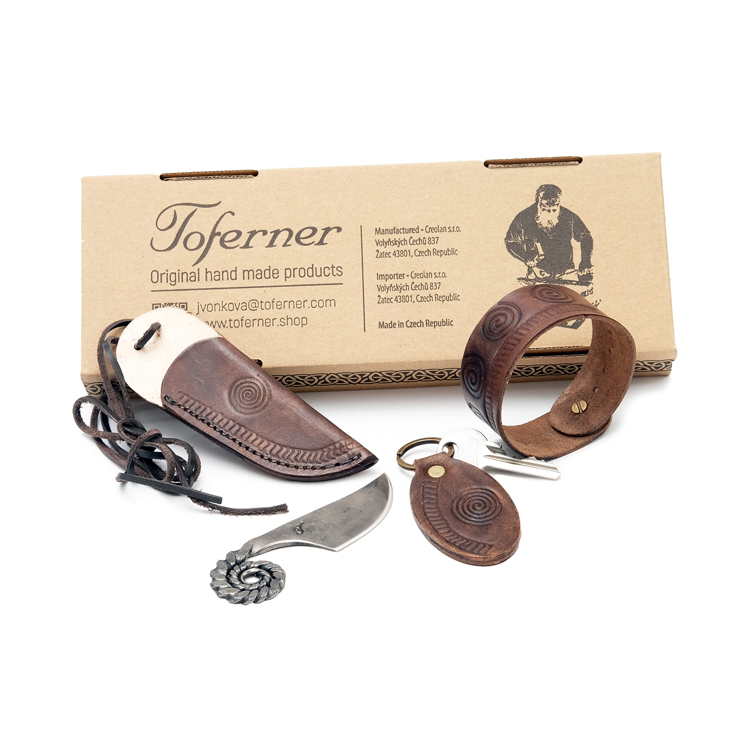 Amazon.com: Toferner handmade set - knife, wristband and keyfob, Celtic  pocket knife with sharp blade and leather sheath - hand-forged knife -  hardened blade - genuine cowhide bracelet and keyfob - made