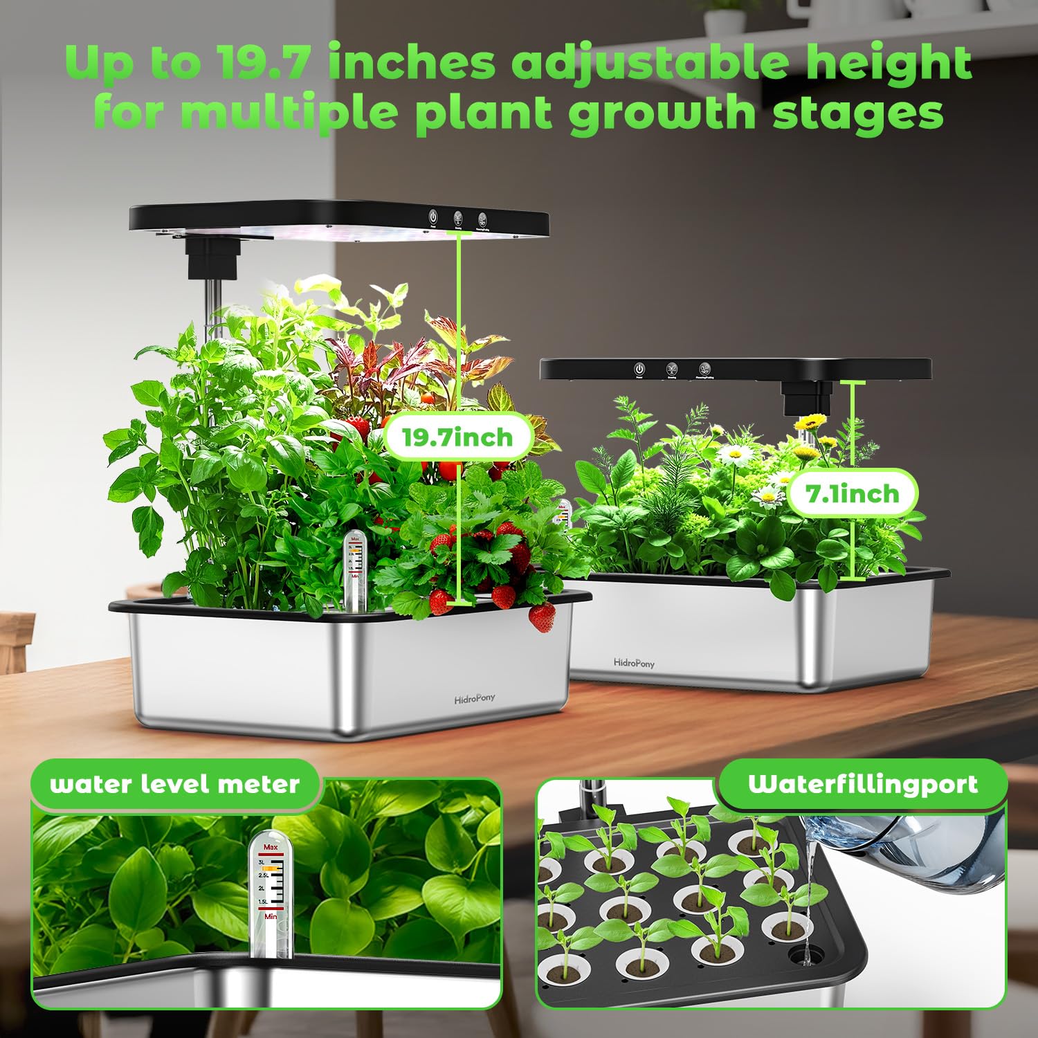 Kit sistema di coltivazione idroponica in acciaio inossidabile per giardino interno: 15 baccelli da giardino con luce a spettro completo da 24 W, sistema di giardinaggio idroponico con pompa