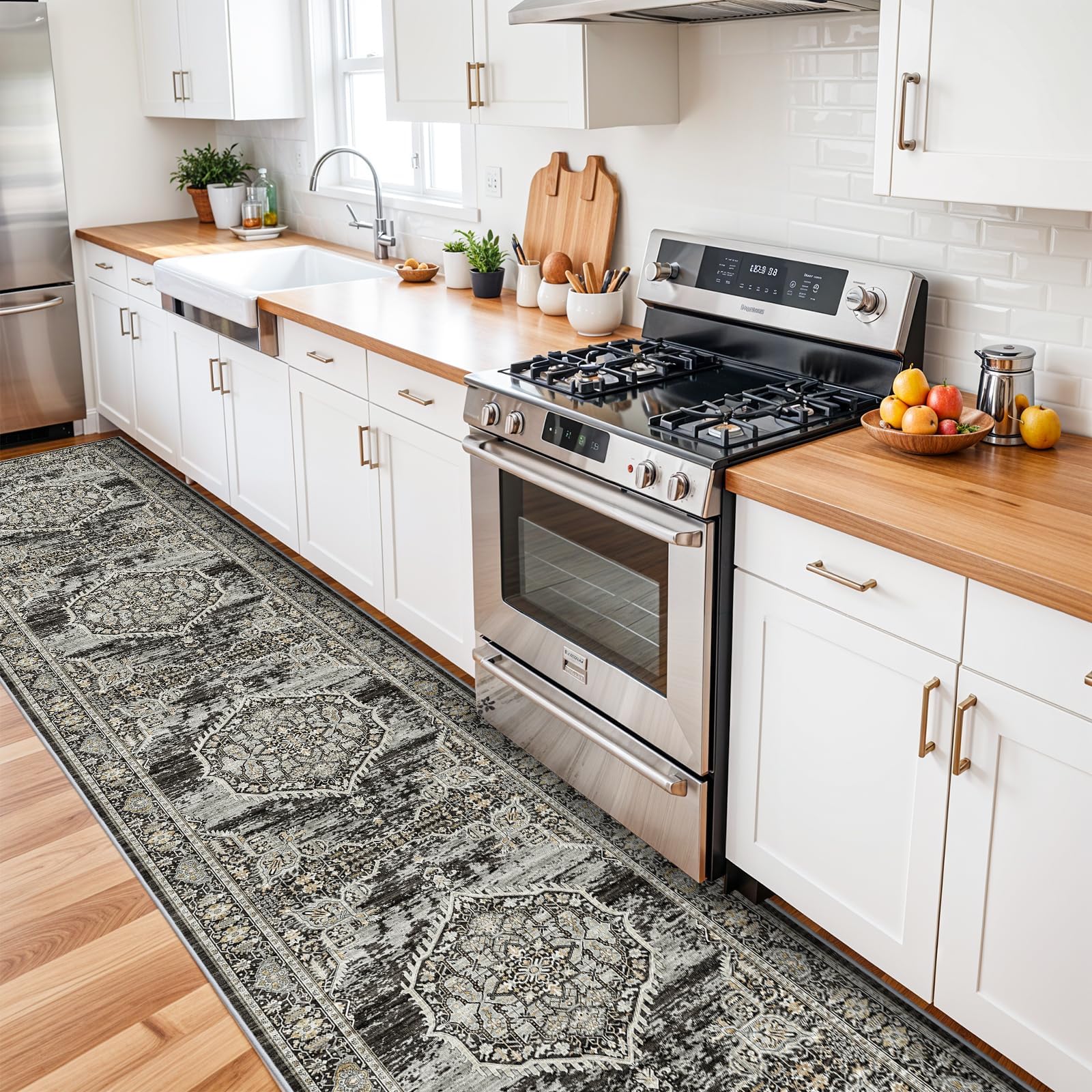 3x14 Long Hallway Runner Rug:Washable Extra Long Carpet for Farmhouse Kitchen Bedroom Distressed Soft Water-Resistant Runners for Dining Room Entrance Foyer Living Room-(Black,3x14)