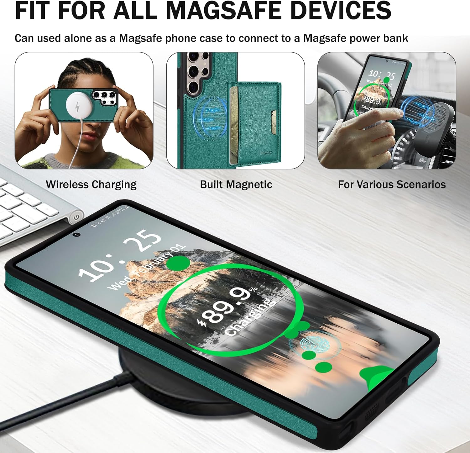 for Samsung Galaxy S25 Ultra Wallet Case, 2-in-1 Detachable Magnetic Wallet Case, Card Holder RFID Blocking, Fashionable Faux Leather Card Slot & Folding Design (Green)