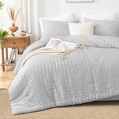 Miniatura 7 de AveLom - Juego de edredón de sirsaca, queen (90 x 90 pulgadas), 3 piezas - gris claro, 100% microfibra, lavado suave, alternativa al plumón, diseño