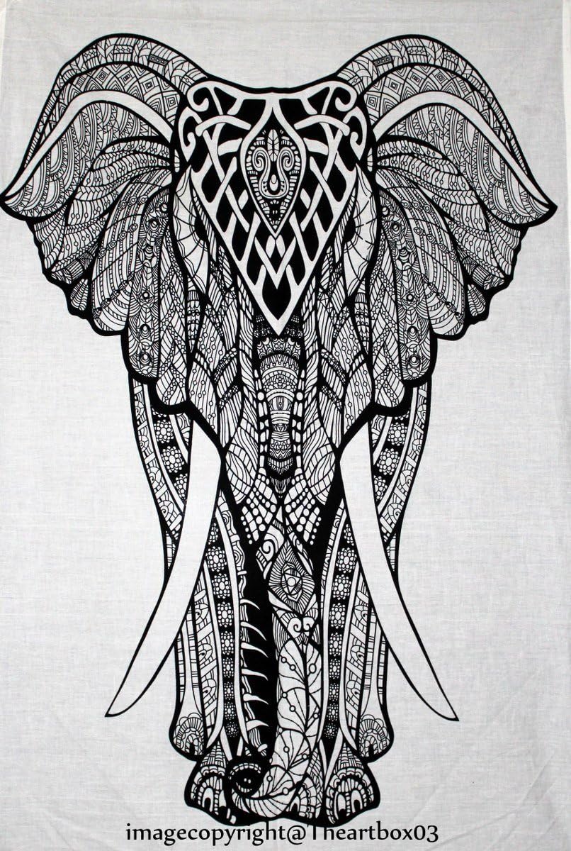 Indian Wall Decor Hippie Tapestries Bohemian Mandala Tapestry Wall Hanging Throw White Elephant Wall Tapestry (Front Elephant B/E)