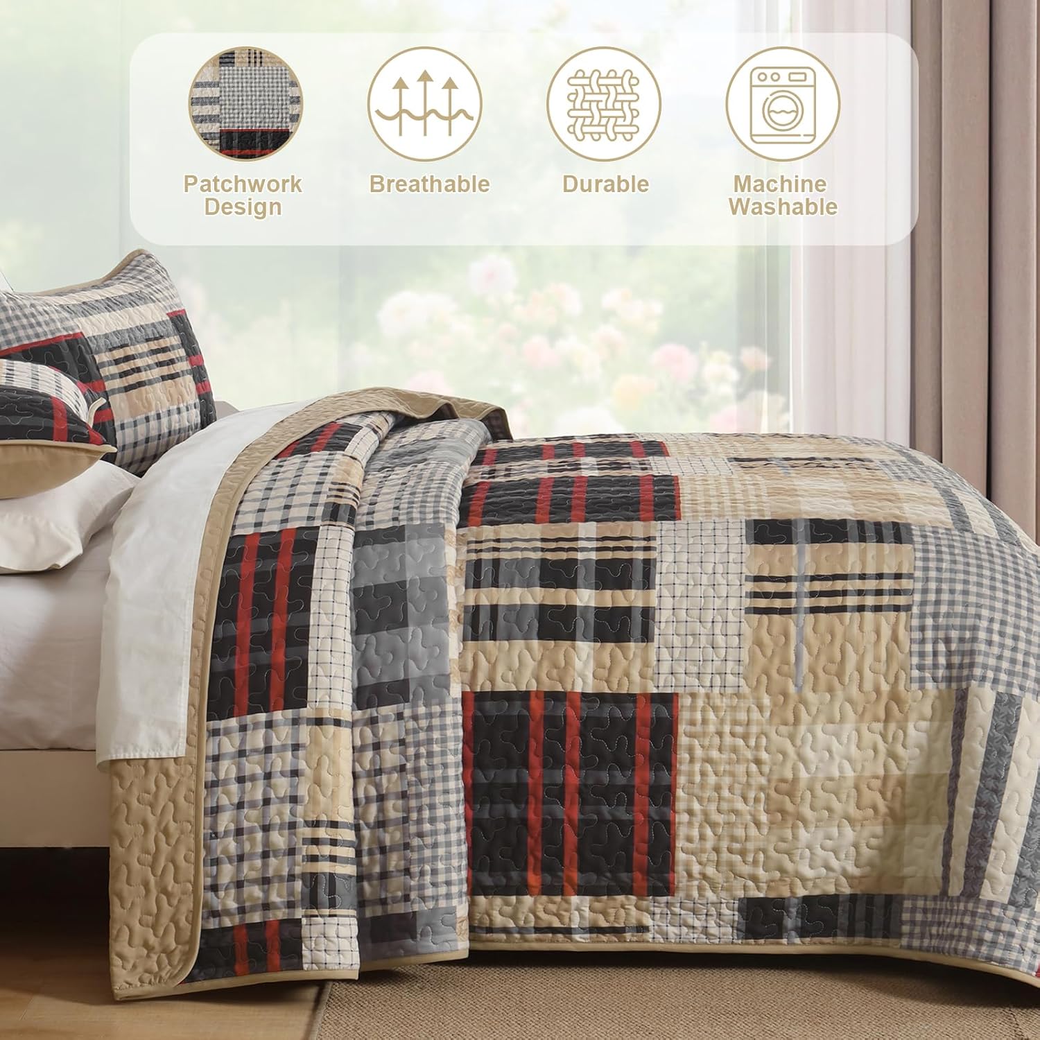 Anibedding Quilt Set King Size, Red-Brown Plaid Striped Bedspread Coverlet Set,Soft Microfiber Reversible Lightweight Bedding Cover for Spring(King,110"x90")