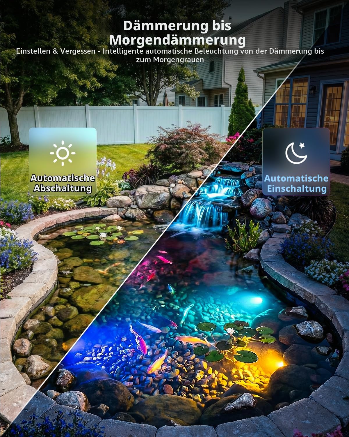 HIBOITEC RGB Teichbeleuchtung, Photozellensensor und Timer, Mehrere Farben Unterwasserbeleuchtung Teich mit Niedervolt Transformator, IP68 Wasserdicht Poolbeleuchtung Teich Beleuchtungen