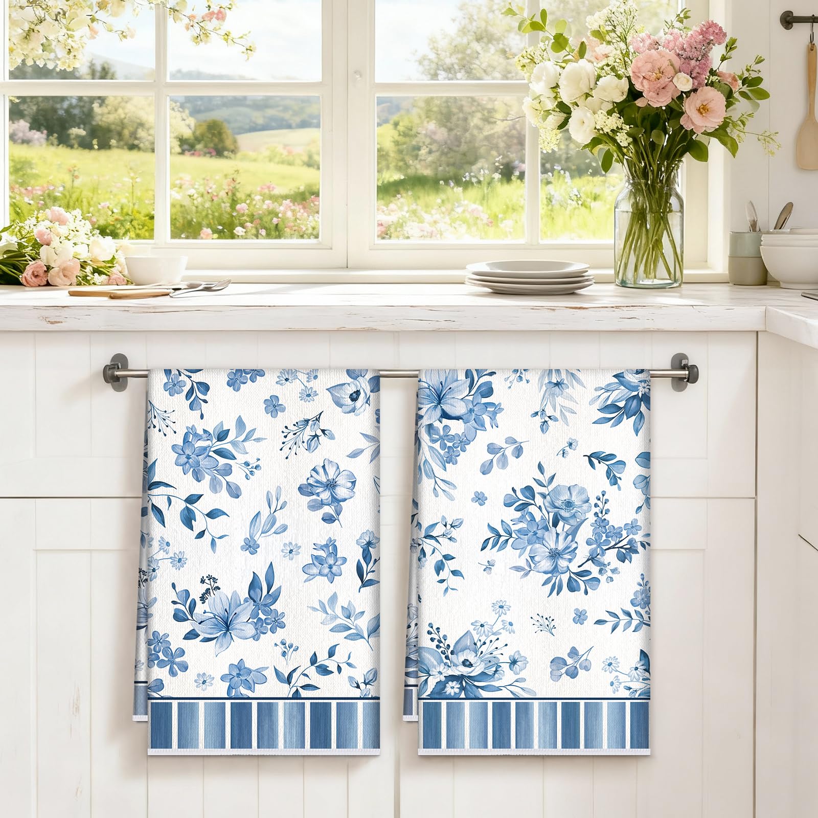 2 Piezas Paños de Cocina Acuarela Flores, Toallas de Cocina Azul Mezcla de Algodón Grueso Suaves Absorbentes Toallas Barra decoración de Limpieza Comedor Banquete de Bodas 42 X 70 Cm