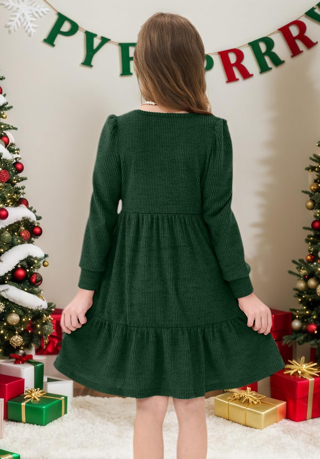 JiAmy Toddler Dress Little Girls Long Sleeve Sweater Knit Fall Winter Casual Tiered Dresses with Pocket - Image 5