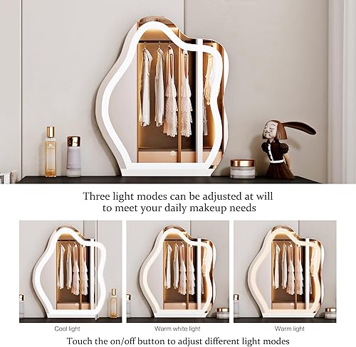 Miniatura 4 de Ieejdn Mesa de tocador moderna negra, mesa de maquillaje retráctil con mesita de noche, con espejo iluminado y 5 cajones espaciosos, esencial para