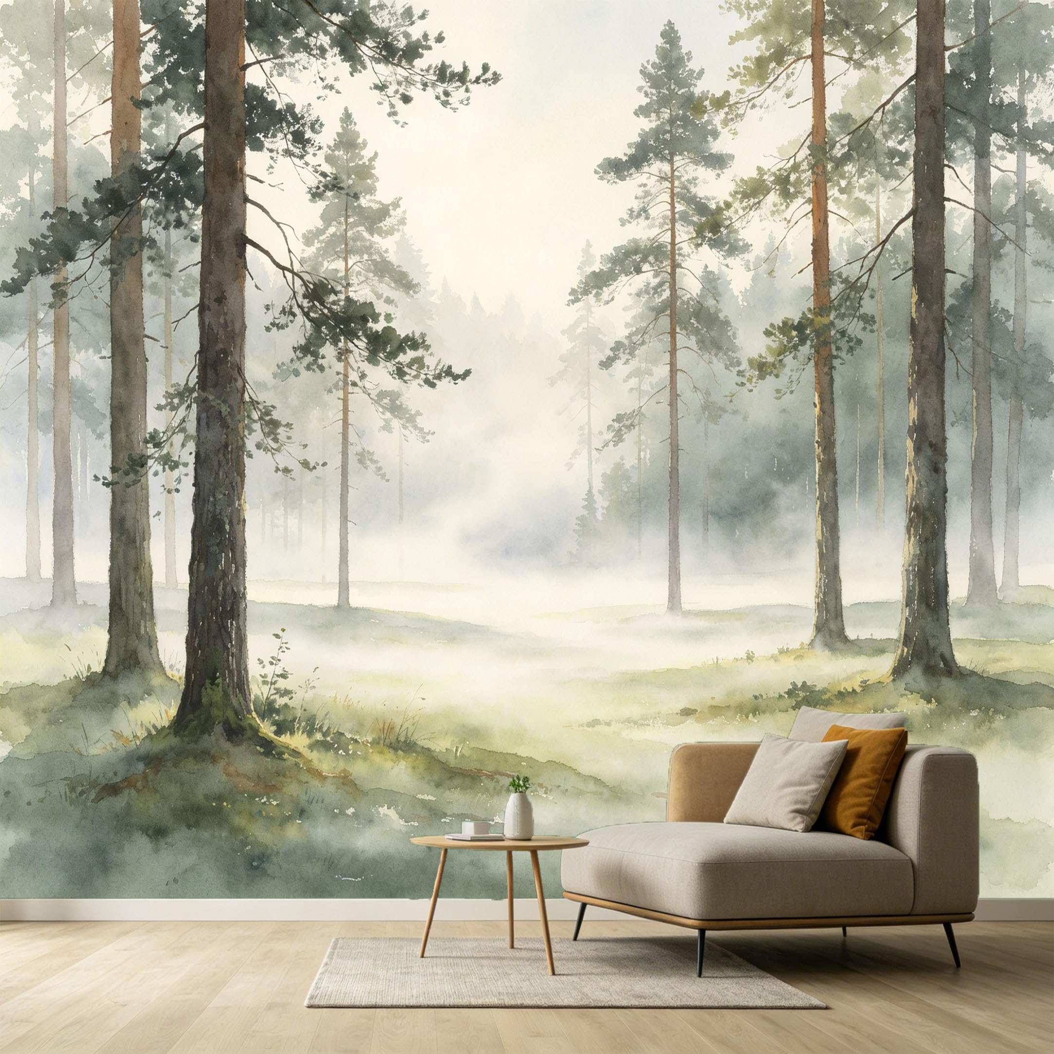 Custom Size Wall Murals Misty Pine Trees Forest Landscape Watercolor Painting SelfAdhesive Wall Fabric Removable Large Wallpaper for Photo Living Room