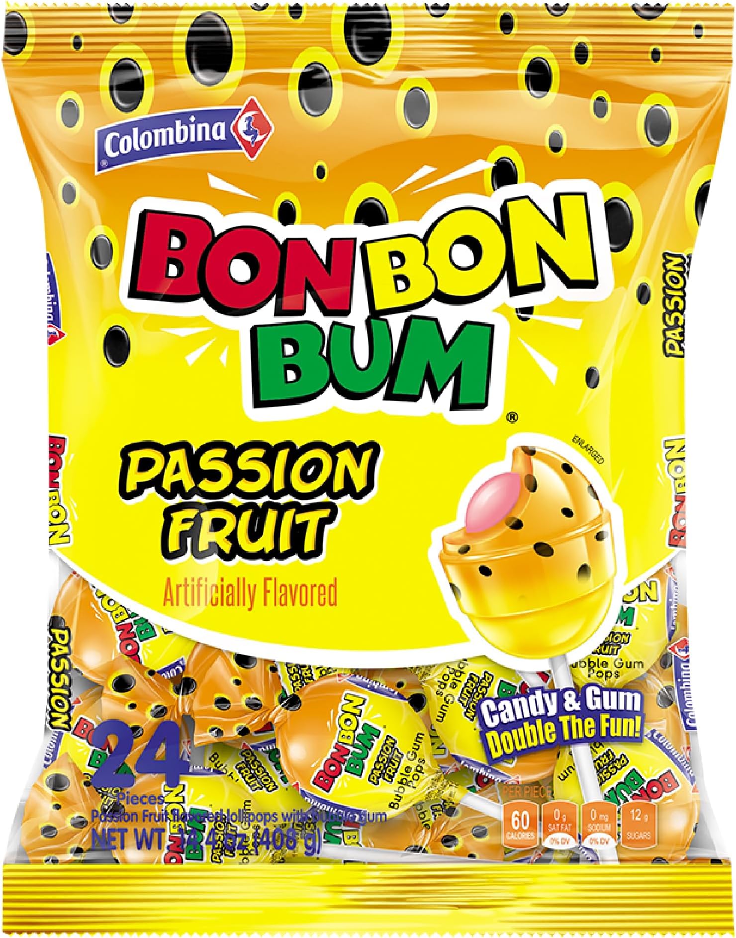 Colombina Bon Bon Bum Lollipops w/Bubble Gum Center, Passion Fruit Flavor, Individually Wrapped, Ideal for Party Favors and Gifts, 1 Pack (24 Count)