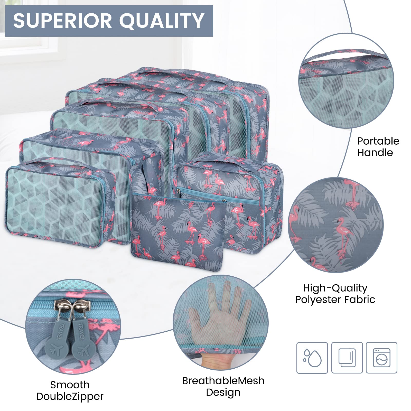 Enloffi Organizer Valigie 10 Pezzi Set Sistema di Cubo di Viaggio Impermeabili Viaggio Accessori Utili per Vestiti Scarpe Biancheria Intima Cosmetici Set di Valigie Portaoggetti, Fenicottero Blu