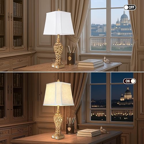 Miniatura 6 de Vintage Table Lamps Set of 2, 28.5'' Tall Antique Gold Bedside Lamps with Fabric Shades, USB A+C Charging Ports & Night Light, Farmhouse Nightstand