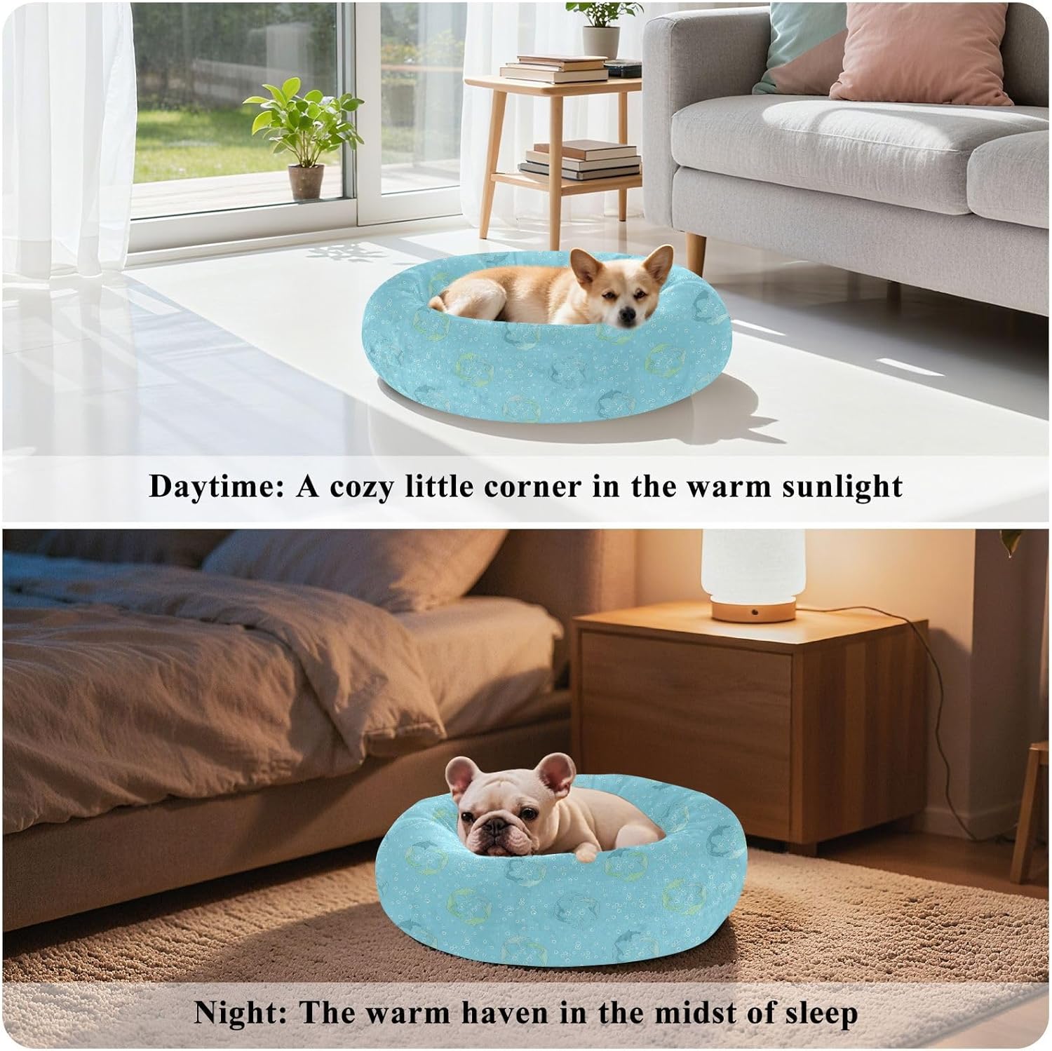 Underwater Dolphins Bubbles Pattern Dog Bed Donut Small Dog Beds Washable Cat Pet Bed Cozy Puppy Beds for Winter Indoor Pets Sleeping,M