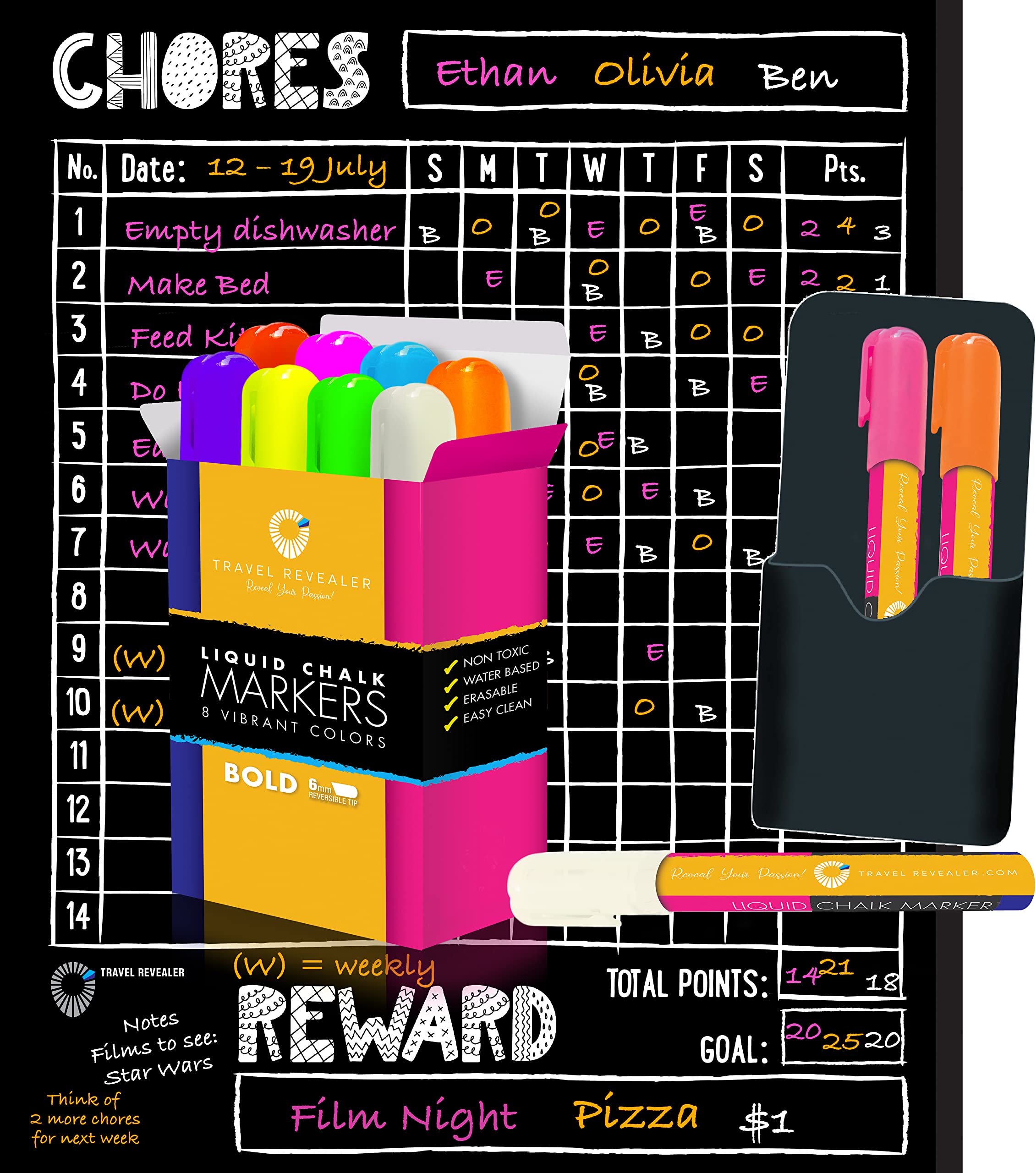 Magnetic Chore Chart for Kids with 3 Markers and Pen Holder + 8 Pack Dry Erase Markers Bold Vibrant Color